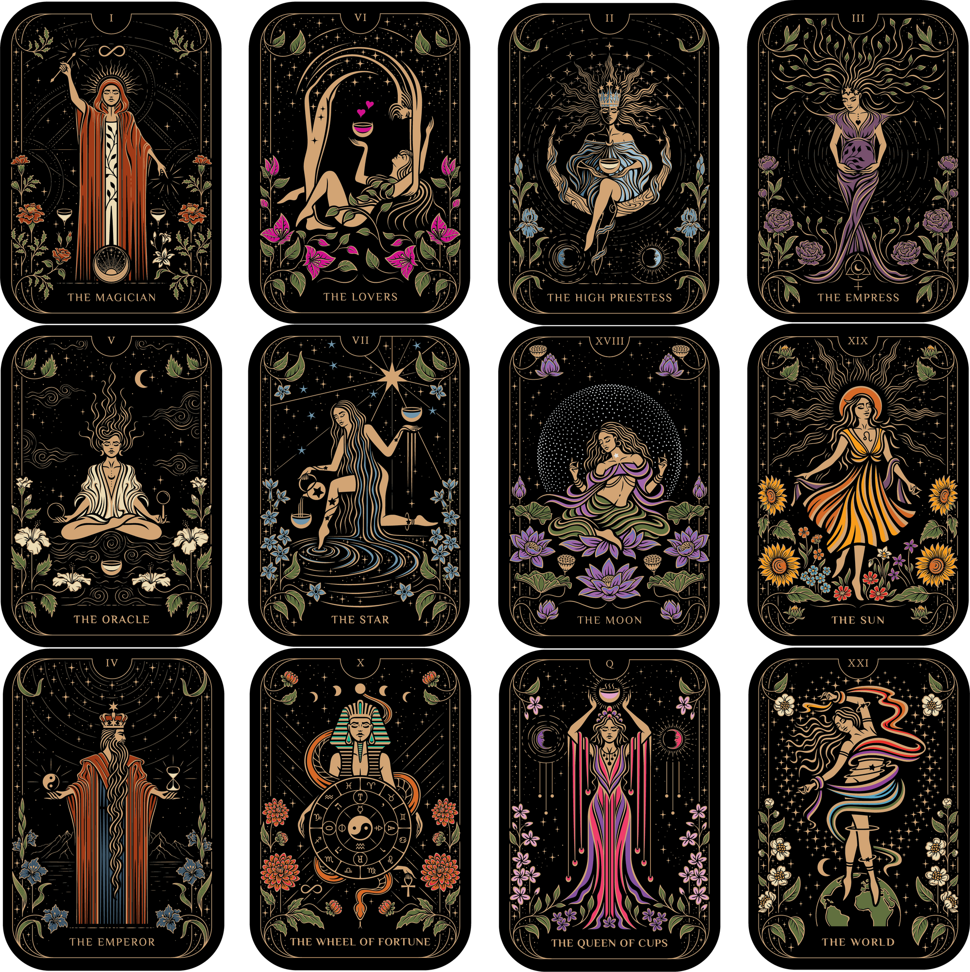 A captivating grid of twelve tarot cards from the Magic Hour Tarot Deck showcases intricate designs with mystical figures and symbols against a starry backdrop, featuring "The Magician," "The Lovers," "The High Priestess," and more.