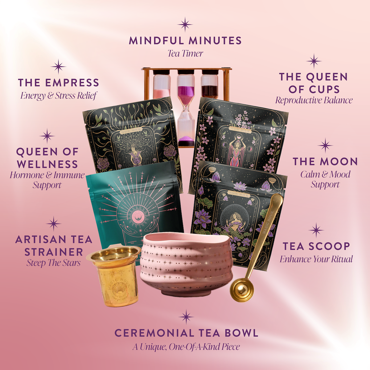 Cycle Support Tea Subscription: A collection for hormonal balance featuring loose leaf teas in mystical packaging, a pink ceramic tea bowl, gold scoop, strainer, and pink hourglass with labeled details—all displayed on a pink background.