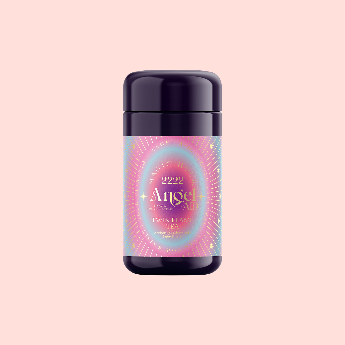 A dark container with a pastel-themed label displays &quot;Magic Hour Angel Aid&quot; and &quot;2222 Twin Flame Tea: Archangel Chamuel&#39;s Love Elixir,&quot; featuring celestial designs, infused with Archangel Chamuel&#39;s essence in a sacred rose blend.