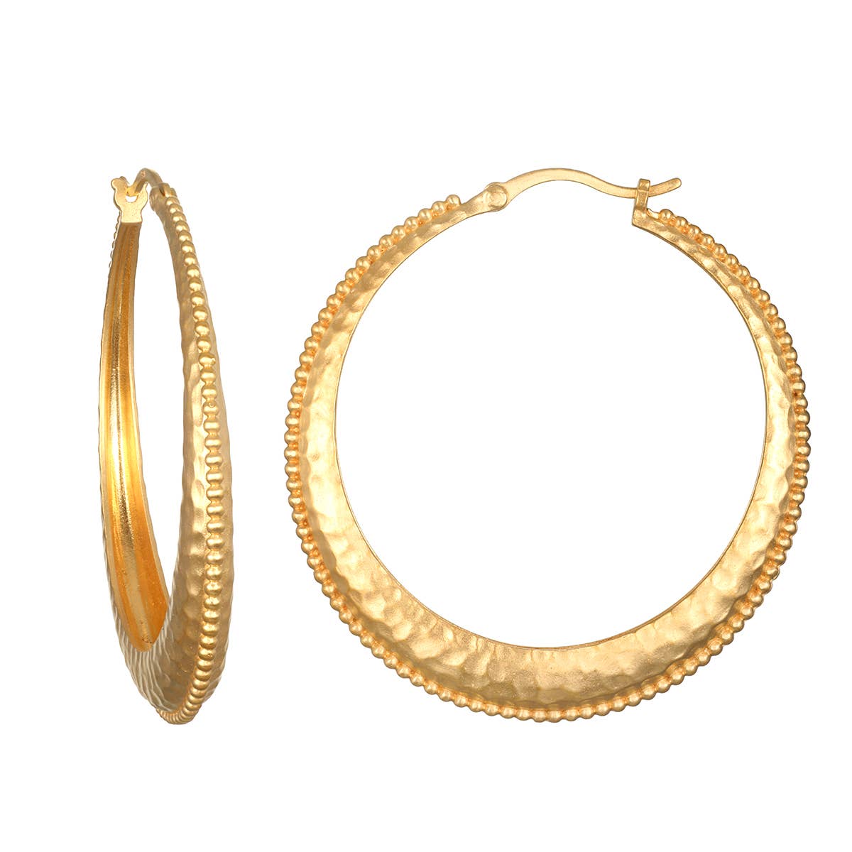 The Satya Jewelry Timeless Beauty Dot Hoop Earrings feature large, round 18kt gold plate hoops with hammered texture and a beaded edge—ideal for adding dimension to your ear stack; shown from both front and side views.