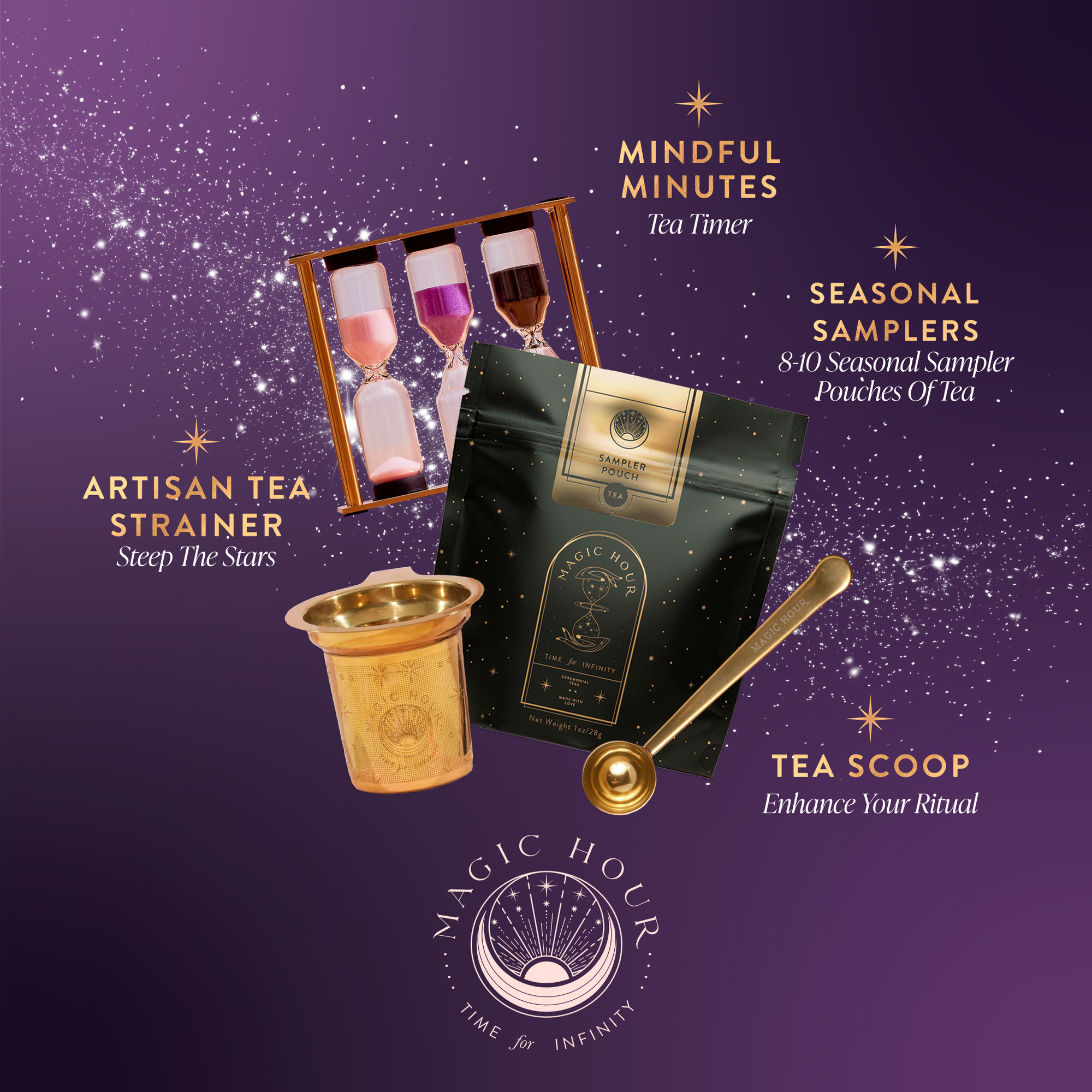 A purple starry graphic displays Magic Hour’s Seasonal Tea Club Subscription box with a tea timer, gold strainer, gold scoop, and a pouch of handpicked teas. Each item has a text label and "Magic Hour" is shown at the bottom.