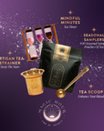 A purple starry graphic displays Magic Hour’s Seasonal Tea Club Subscription box with a tea timer, gold strainer, gold scoop, and a pouch of handpicked teas. Each item has a text label and "Magic Hour" is shown at the bottom.