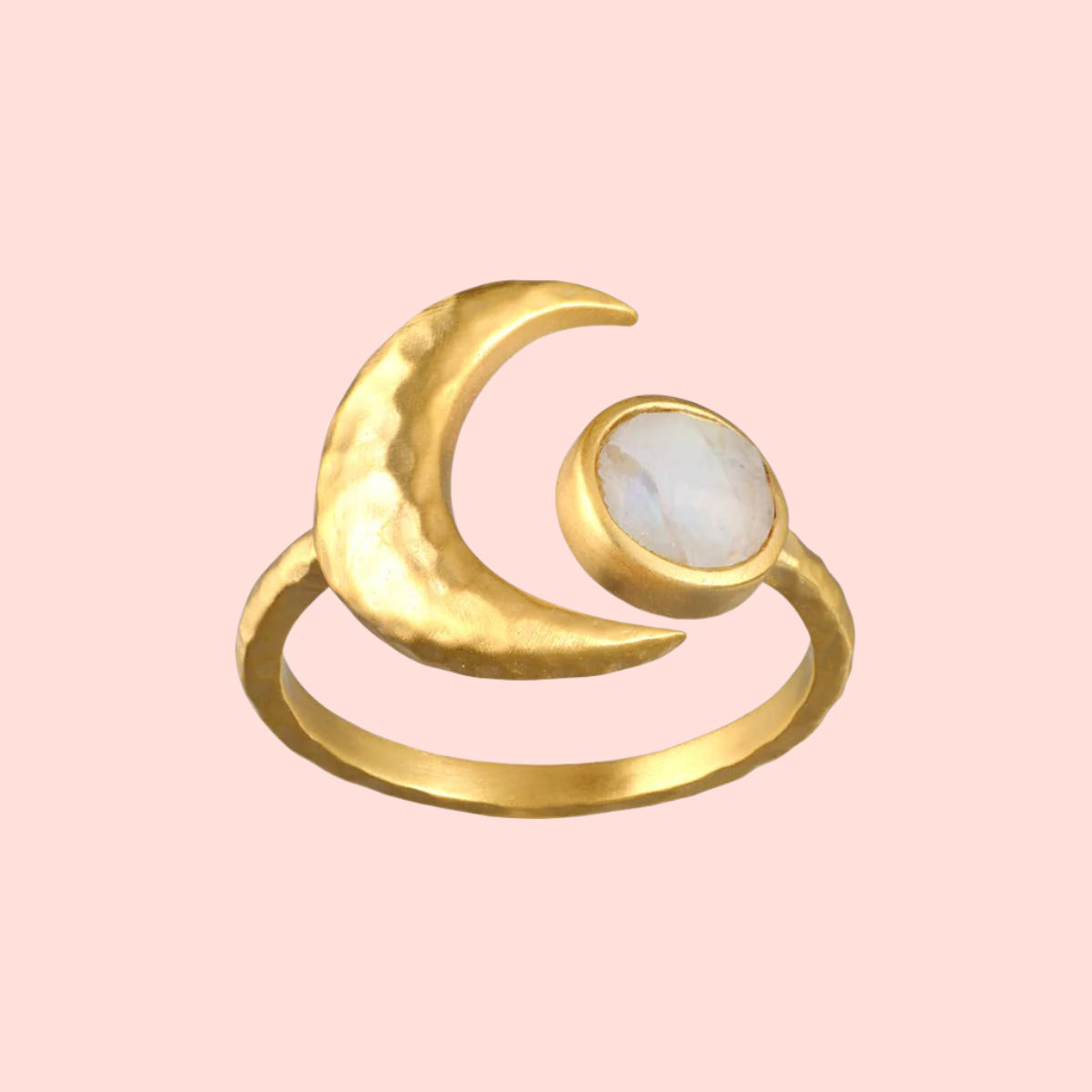 The Cradled in Light Moonstone Ring is a gold plated piece featuring a crescent moon and a round iridescent moonstone set side by side, shown on a plain white background.
