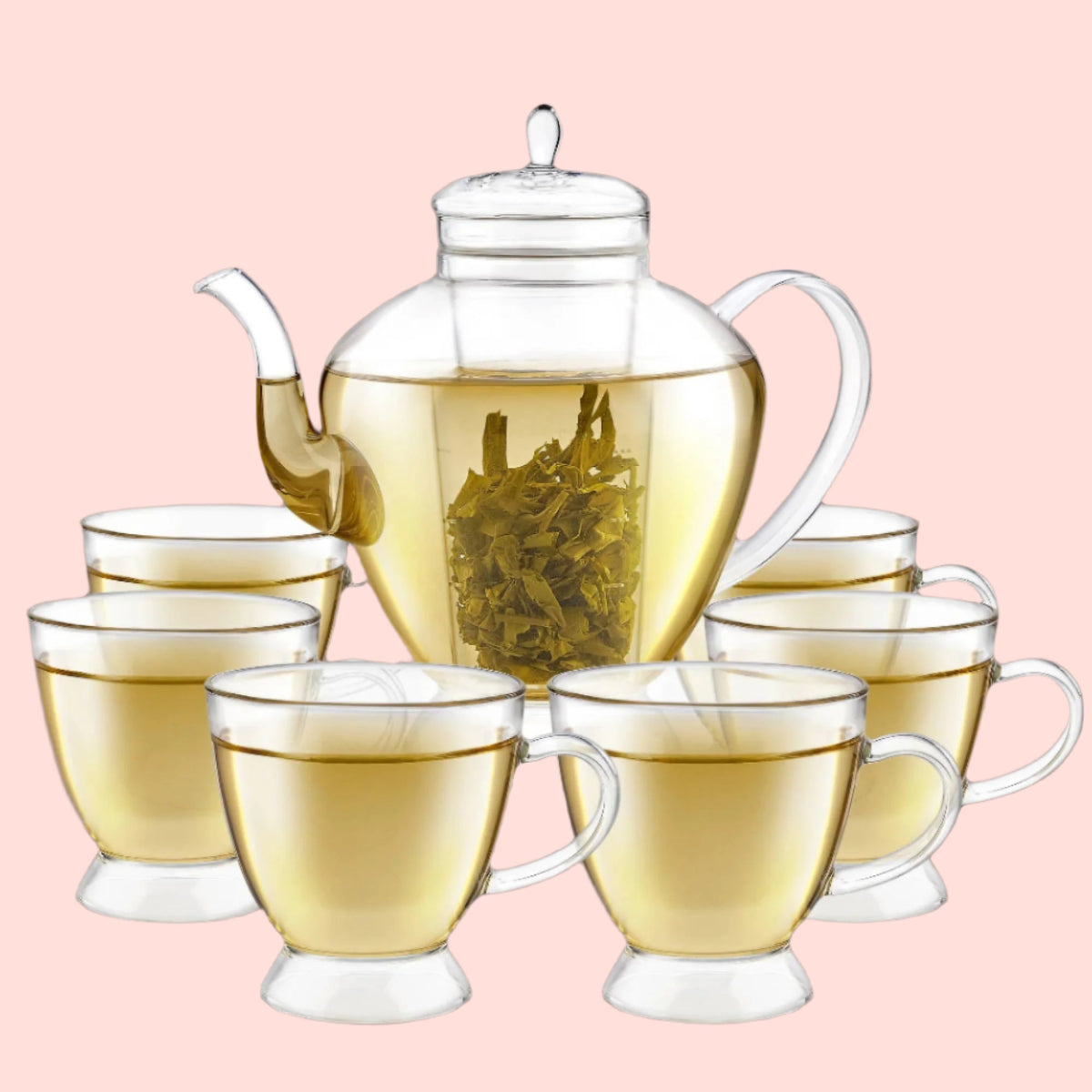 The Teabloom Grand Bouquet Borosilicate Glass Tea Set for Six features a clear teapot with Microdot Infuser and six matching glass teacups—perfect for sharing blooming flower tea in elegant style.