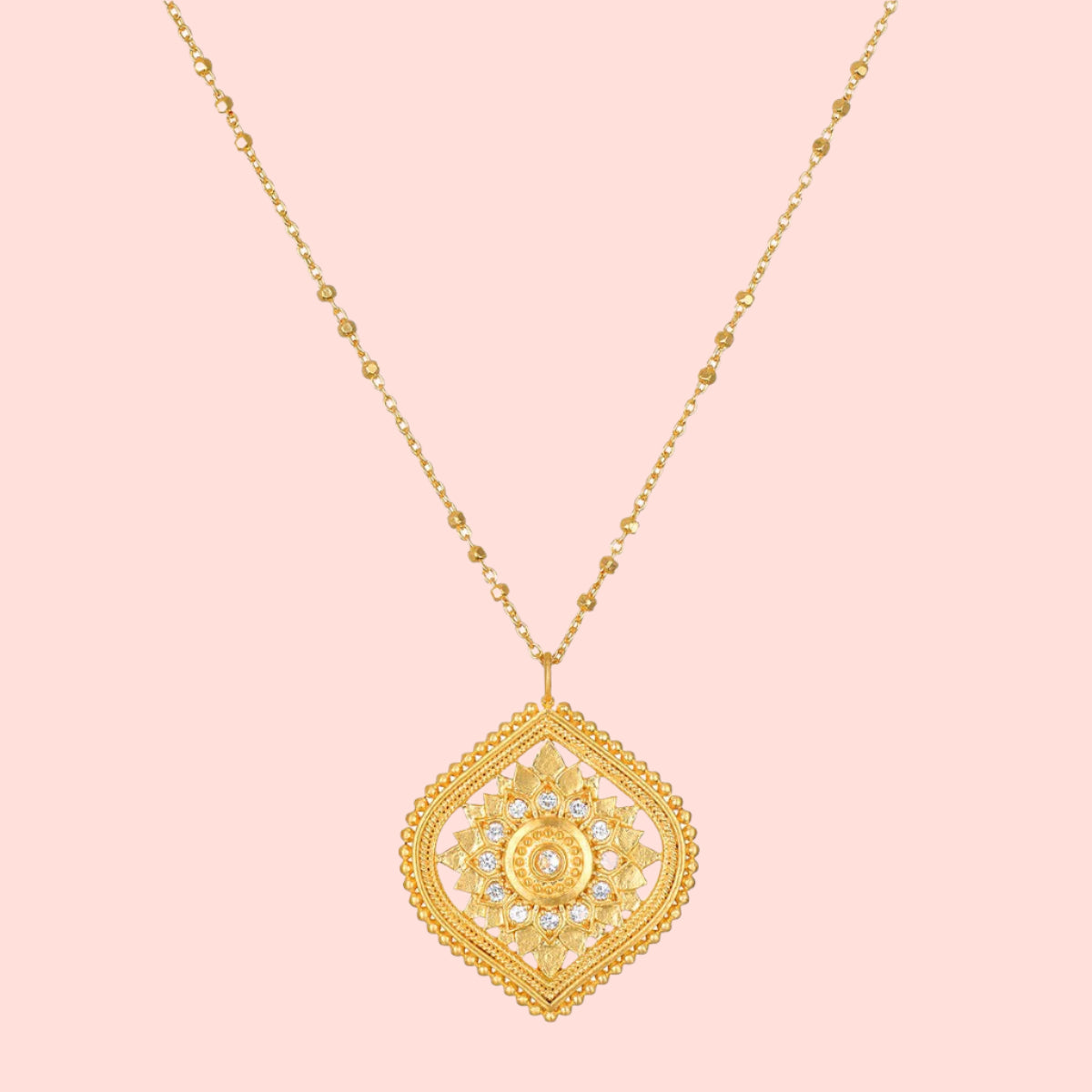 18” White topaz lotus medallion necklace featuring a decorative lotus-shaped pendant with intricate detailing and embedded white topaz stones, hanging from a delicate gold chain.