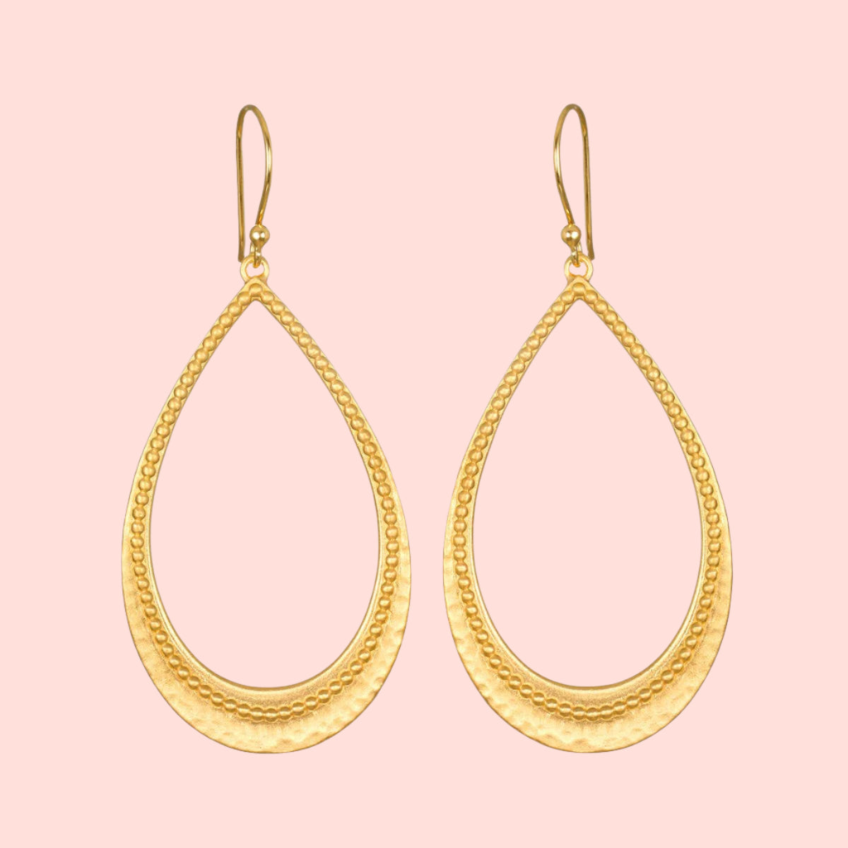 The Graceful Beauty Dot Teardrop Earrings are 18kt gold-plated with textured edge detailing and hook-style closures.