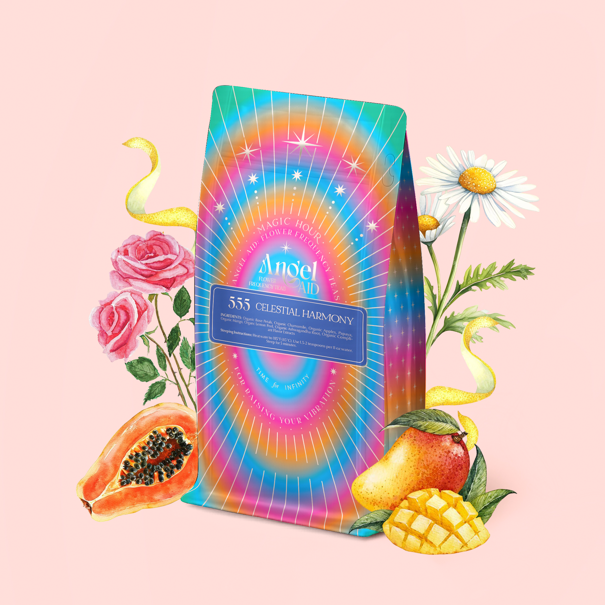 A vibrant tea bag labeled "555: Celestial Harmony: Papaya-Mango-Rose Tea with Ashwagandha" sits amid illustrated roses, daisies, papaya, and mango, evoking relaxation with swirling yellow ribbons on a soft pink background.