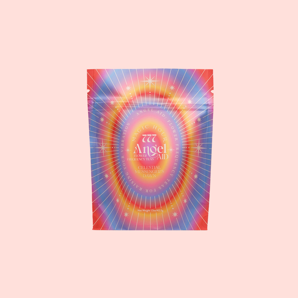 A vibrant pouch labeled “777: Celestial Messengers Dawn,” decorated with starburst and star designs, features uplifting phrases to inspire spiritual awareness on a light pink background.