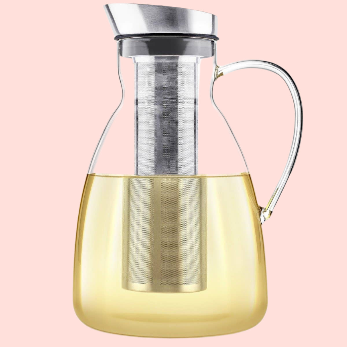 The Teabloom Solstice Multi-Brew Glass Tea Pitcher features a metal lid and handle, a removable extra-long infuser for optimal brewing, and is crafted from eco-friendly materials. Perfect for serving light yellow teas.