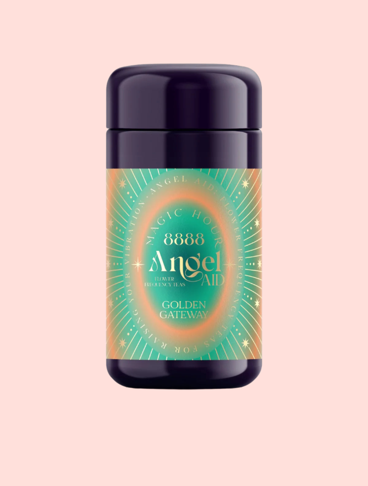 A dark purple cylindrical container labeled “888: Golden Gateway” features a green and orange sunburst, golden citrus accents, and stars on white, evoking Archangel Michael’s energy.