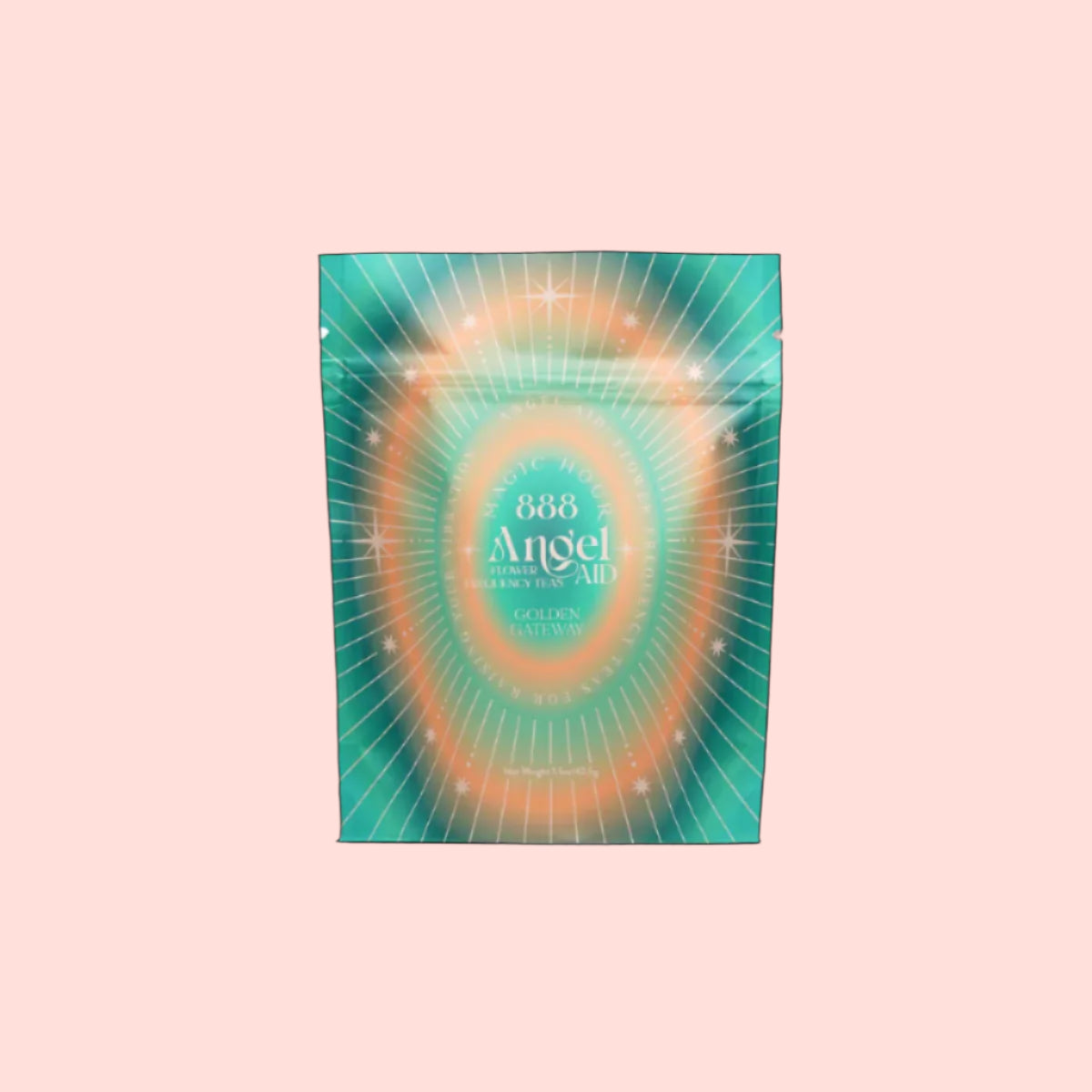 A teal, orange, and gold resealable pouch labeled &quot;888: Golden Gateway&quot; features a radiant starburst design with small stars, inspired by Archangel Michael and golden citrus abundance frequencies.