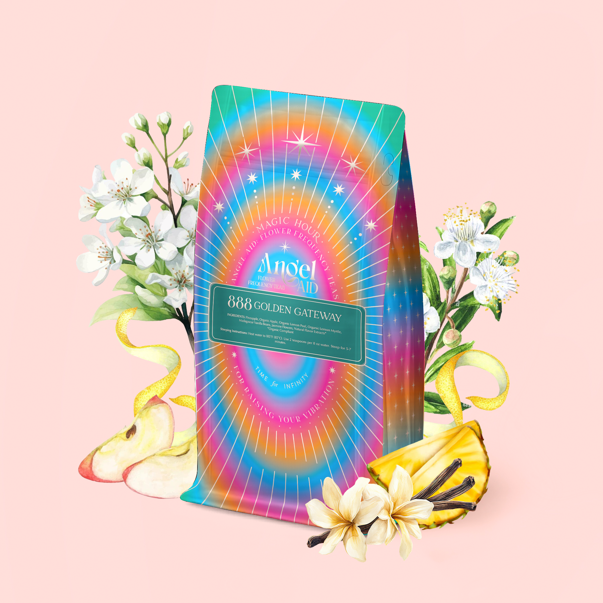 A vibrant tea bag showcases a rainbow mandala, white flowers, apple slices, bananas, and vanilla beans on soft pink. The label reads "888: Lemon-Jasmine-Vanilla Herbal Tea," inspired by Archangel Michael’s prosperity blend.
