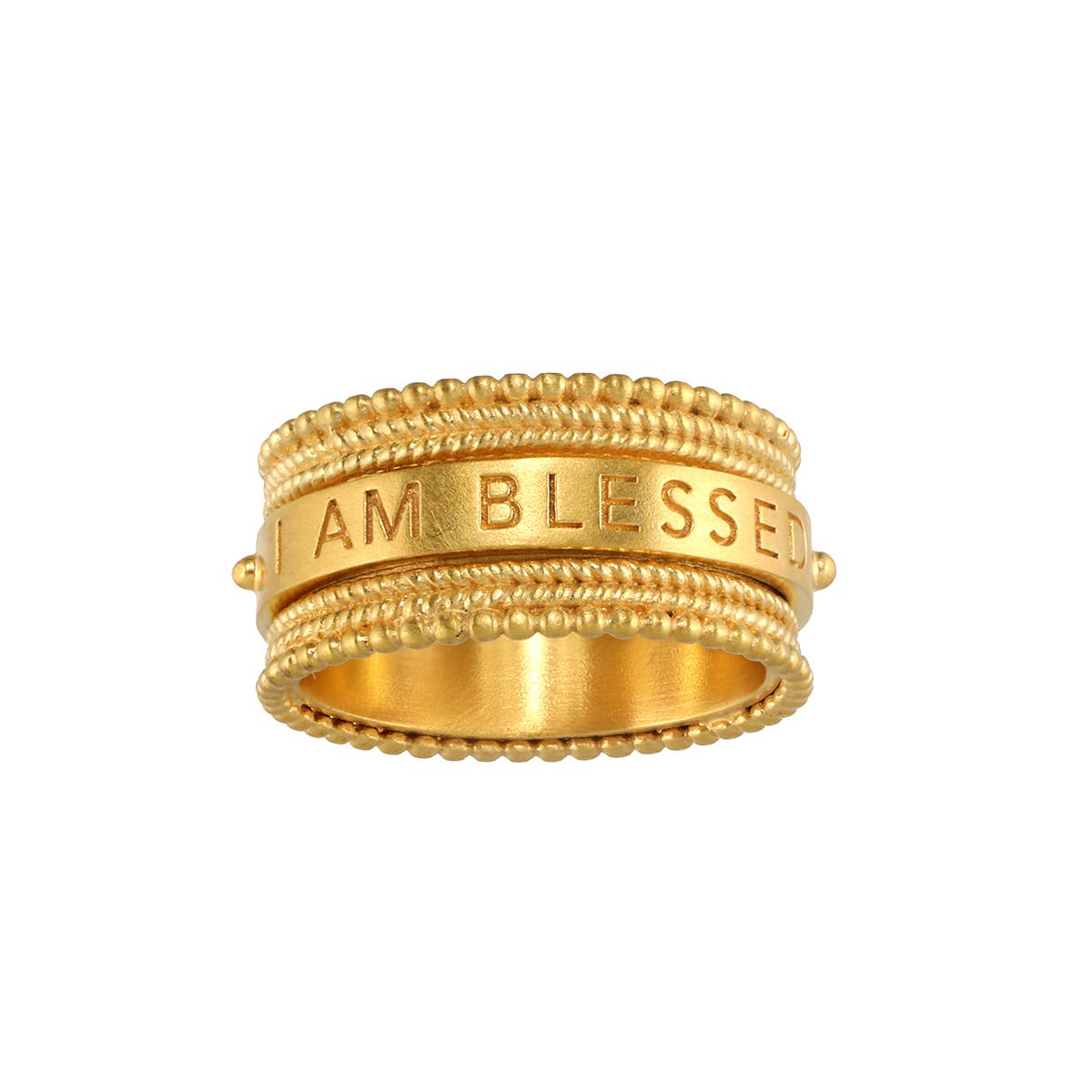 The Satya Jewelry Blessings Mantra Spinning Ring (sizes 6, 7, 8) features a beaded edge and "I AM BLESSED" engraving, crafted in 18KT gold plate.