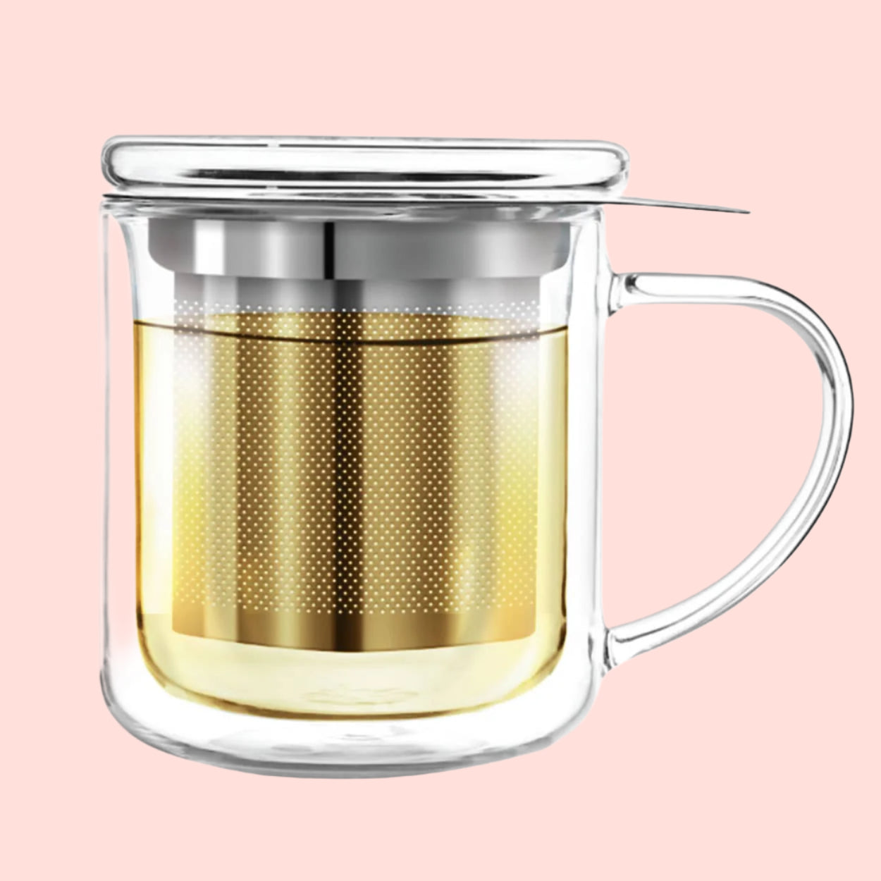 The Teabloom Solista Single-Serve Tea Maker—a clear, insulated double-wall glass mug with handle, stainless steel infuser, and matching glass lid—is shown with light tea against a white background.