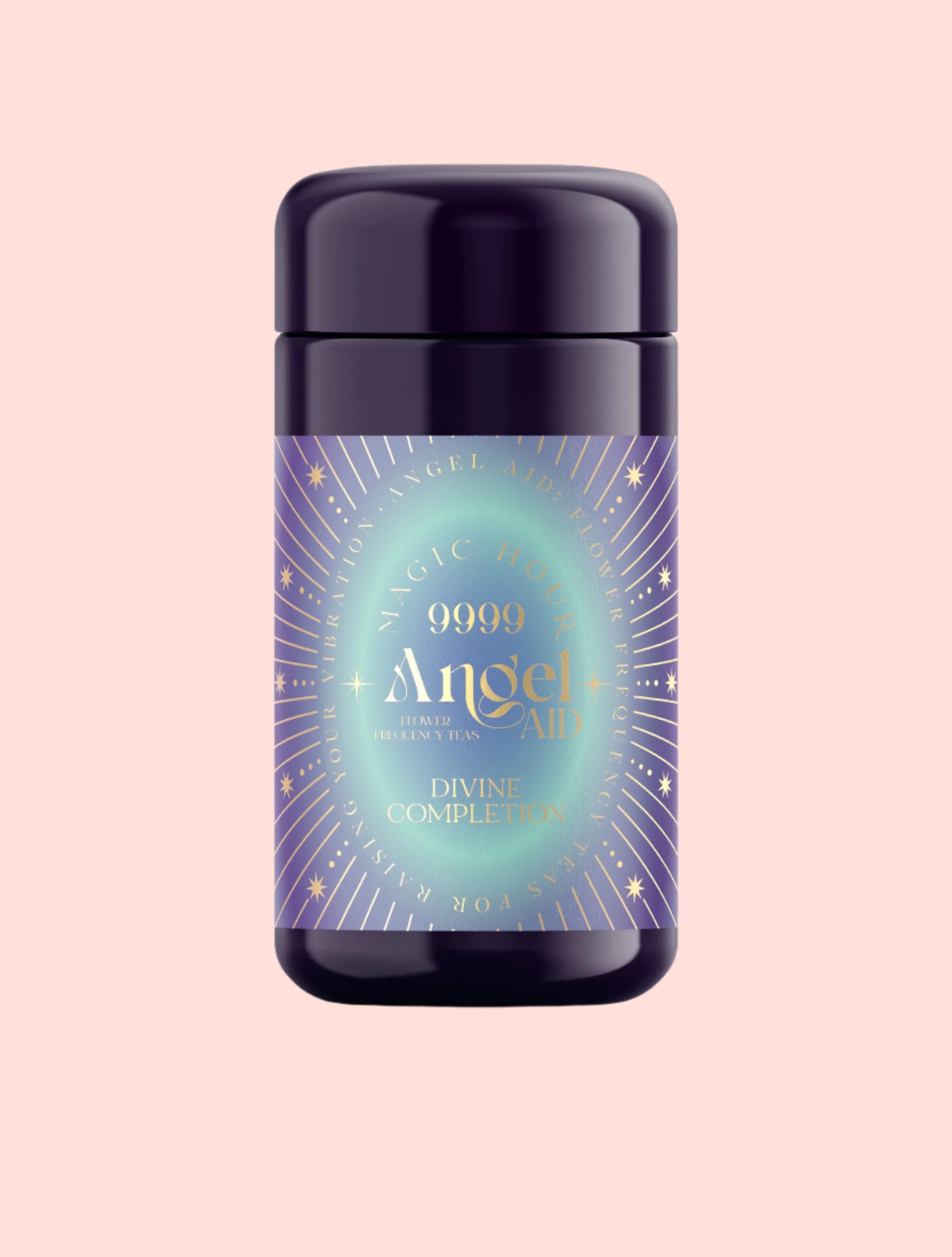 A dark purple bottle labeled &quot;999: Divine Completion&quot; with a celestial blue, pastel, gold, and lavender label featuring stars—ideal for balancing the crown chakra, shown on a white background.