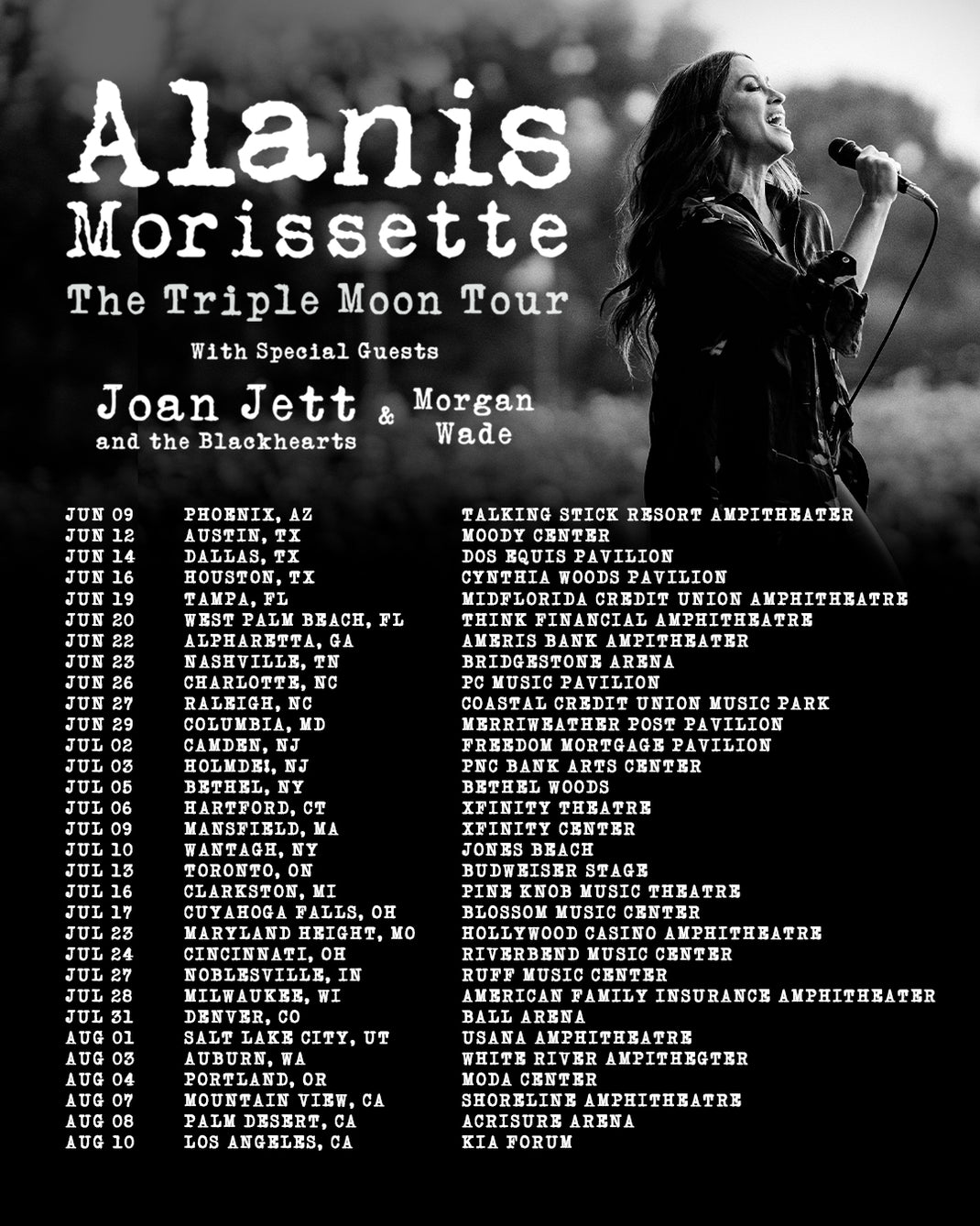 Poster for Alanis Morissette's "The Triple Moon Tour" featuring Joan Jett and the Blackhearts and Morgan Wade. Lists tour dates and locations from June 9 in Phoenix, AZ to August 10 in Los Angeles, CA. Background image of Alanis Morissette singing on stage.