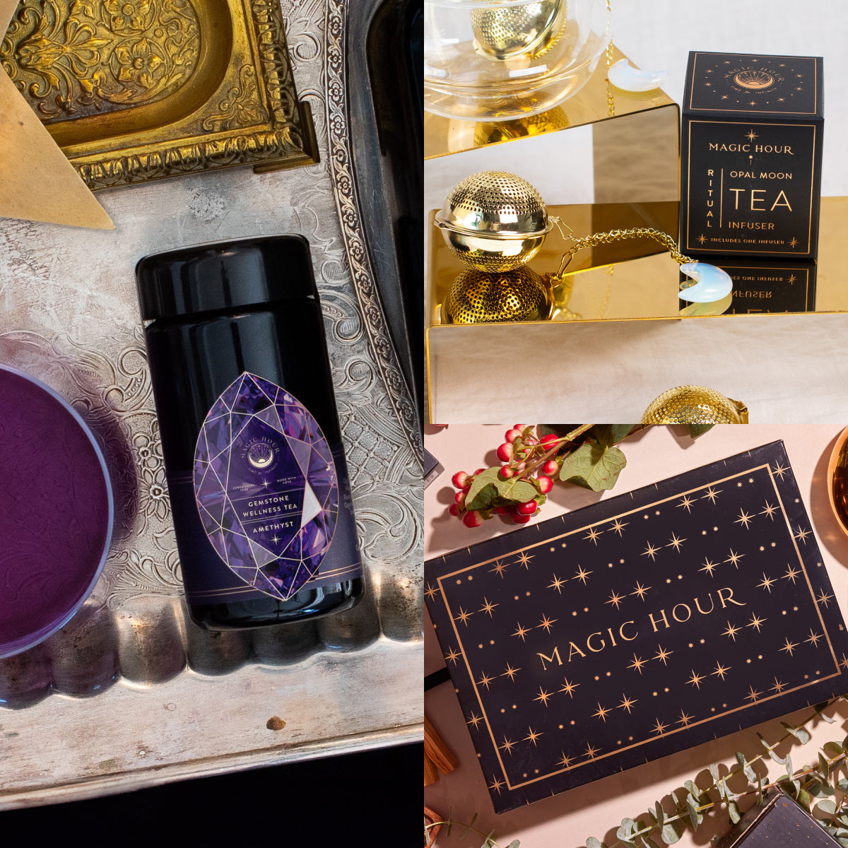 A collection of Magic Hour tea products features a purple-labeled canister from the Amethyst February Birthstone Mini Gift Set on an elegantly arranged table. In the top right, there's an Opal Moon tea box accompanied by a gold infuser, and in the bottom right, a "Magic Hour" black box with starry designs shines—ideal for enhancing your gem-inspired tea ritual.