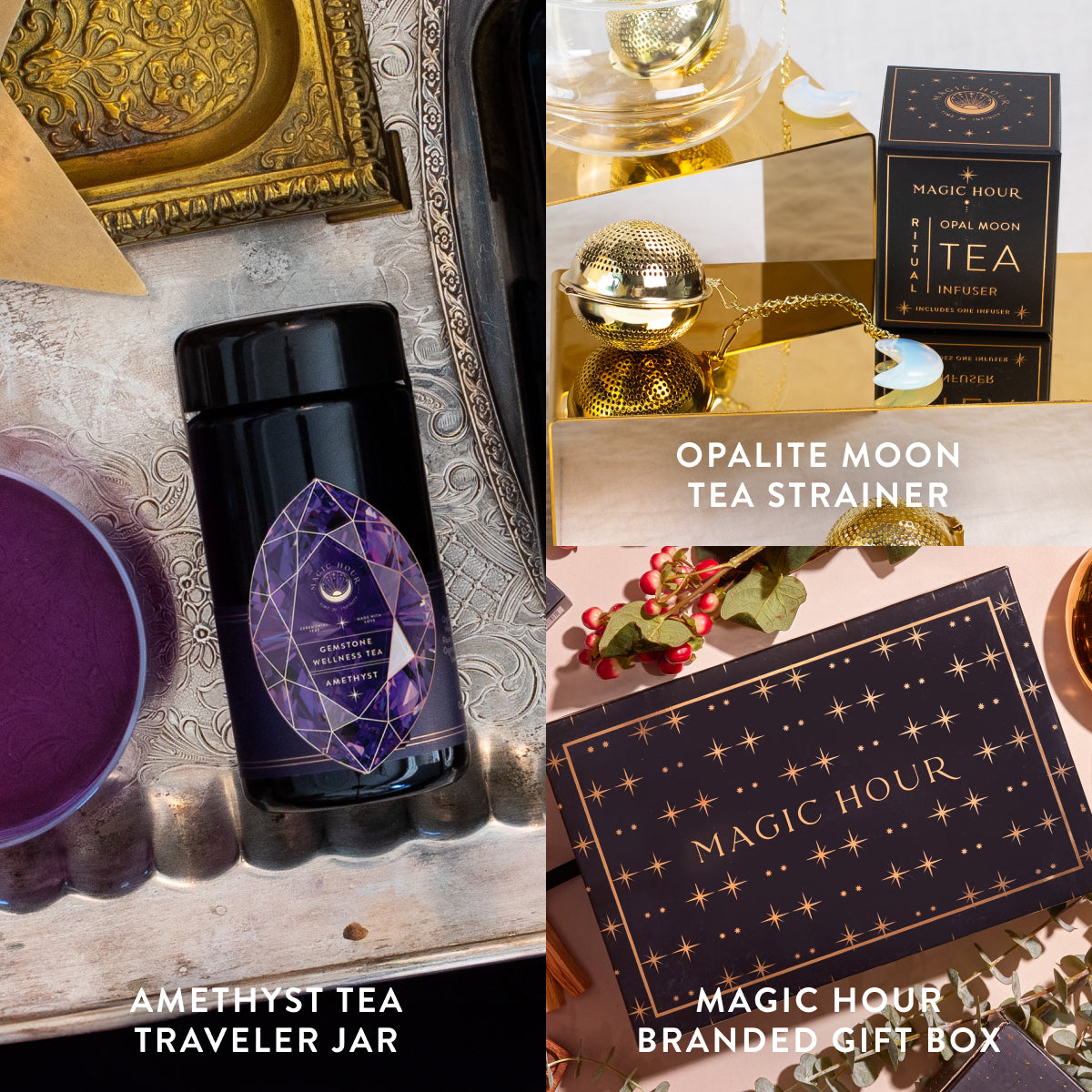 A collage showcasing the Amethyst February Birthstone Mini Gift Set, which includes an Amethyst Tea Traveler Jar and an Opalite Moon Tea Strainer set adorned with brass accents, all presented in a Magic Hour Branded Gift Box. This gem-inspired tea ritual is artfully displayed on an elegant surface with decorative elements.