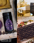 A collage showcasing the Amethyst February Birthstone Mini Gift Set, which includes an Amethyst Tea Traveler Jar and an Opalite Moon Tea Strainer set adorned with brass accents, all presented in a Magic Hour Branded Gift Box. This gem-inspired tea ritual is artfully displayed on an elegant surface with decorative elements.