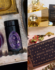 A collection of Magic Hour tea products features a purple-labeled canister from the Amethyst February Birthstone Mini Gift Set on an elegantly arranged table. In the top right, there's an Opal Moon tea box accompanied by a gold infuser, and in the bottom right, a "Magic Hour" black box with starry designs shines—ideal for enhancing your gem-inspired tea ritual.