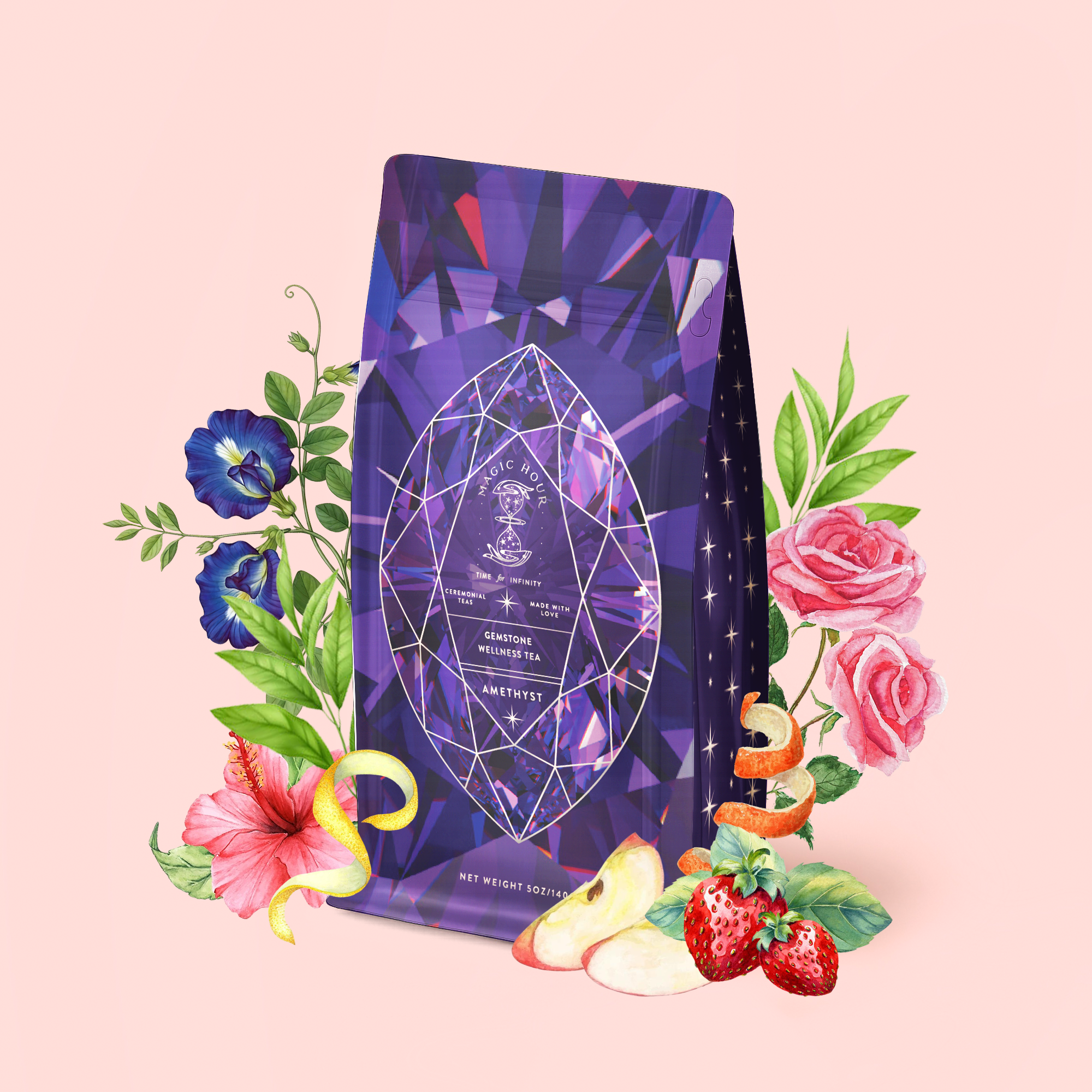A vibrant purple Amethyst: Strawberry-Passionfruit Wellness Tea Refill Pouch, adorned with a geometric crystal design that reflects the spirit of Amethyst tea and holistic wellness, sits amid illustrated flowers, strawberries, apple slices, and green leaves—all displayed on a soft pink background.