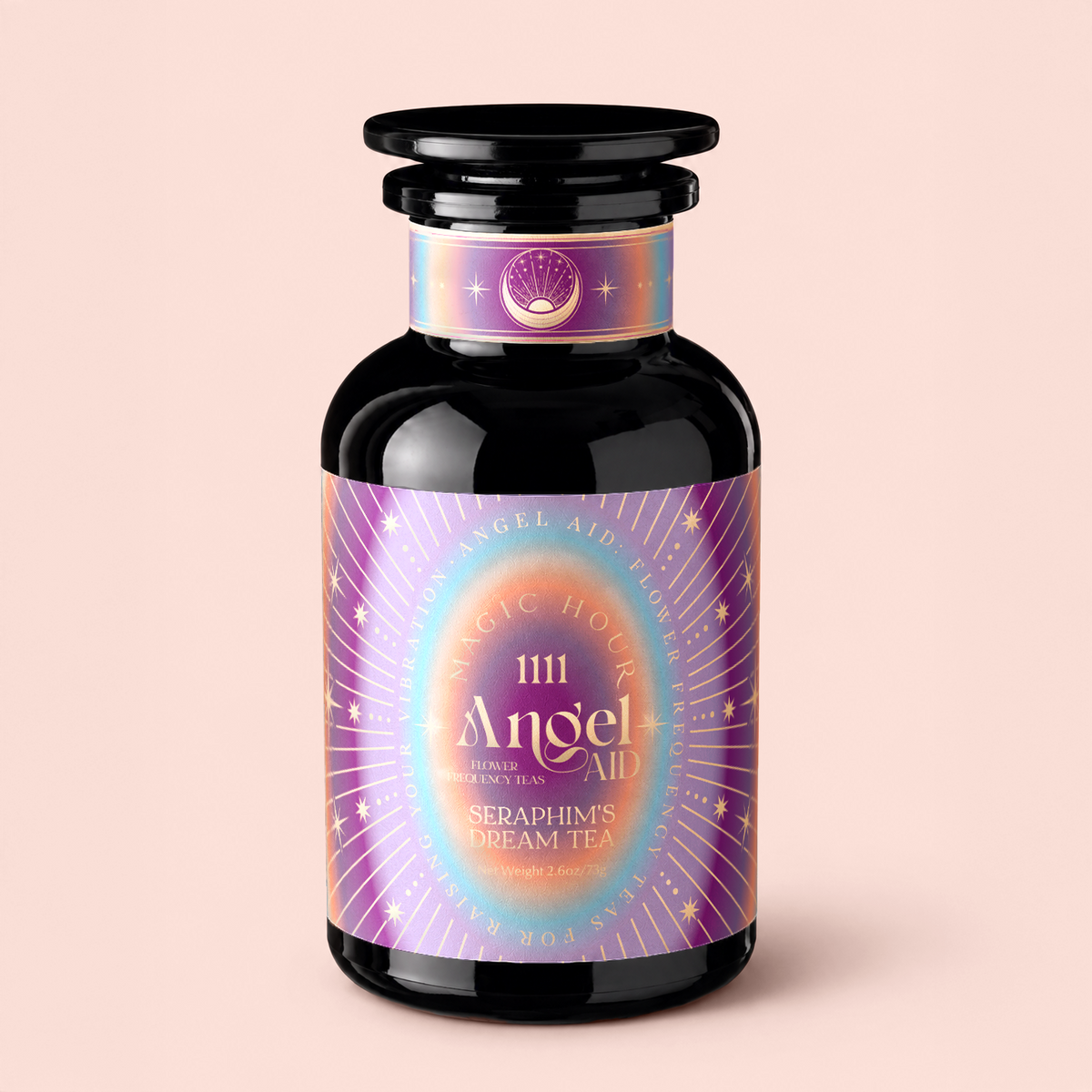 A black glass bottle with a vibrant, mystical label reading “111: Lavender-Jasmine-Pineapple Herbal Tea with Blue Lotus,” adorned with stars, rays, and pastel gradients on a light pink background. Infused with enchanting ingredients like lavender, jasmine, pineapple, and Egyptian blue lotus, this blue elixir invites you into a realm of dreamy tranquility.