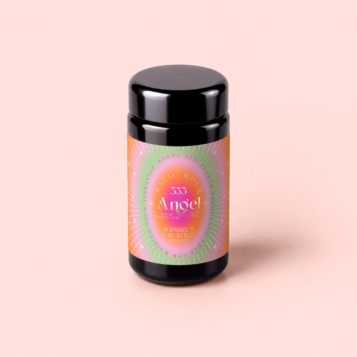 A black jar with a vibrant, radiant label reading “333: Mango-Lemon Balm-Rose Herbal Tea with Passionflower” on a light pink background. The label features pink, orange, and green gradients with sunburst patterns, evoking the essence of divine creativity and inspired by an Archangel Jophiel elixir.