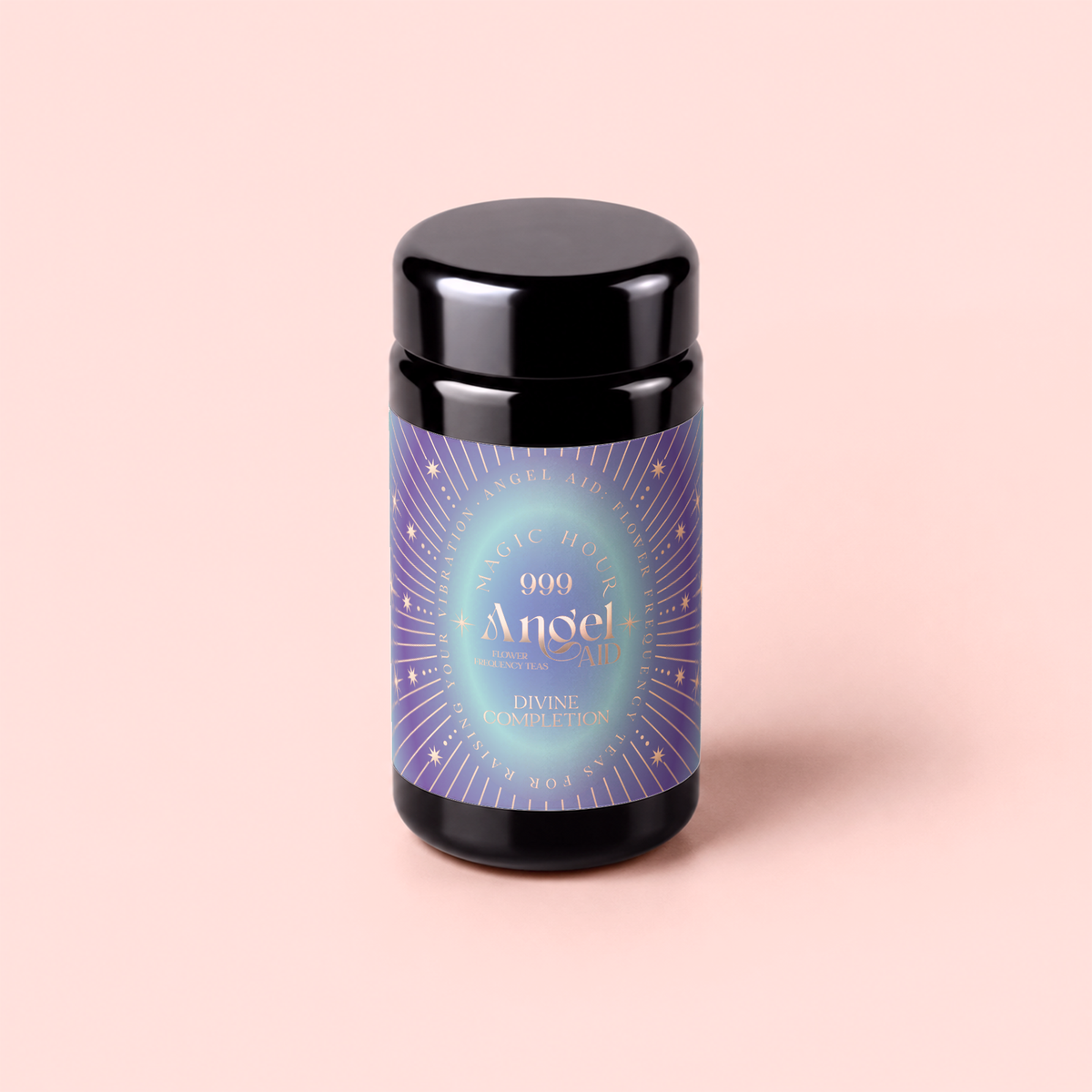 A black jar with a pastel, iridescent label reading “999: Adaptogenic Pineapple-Mint-Jasmine Herbal Tea” on a light pink background. The label features purple and blue geometric and starburst designs, evoking the energy of the crown chakra to inspire prophetic dreams and peaceful sleep.