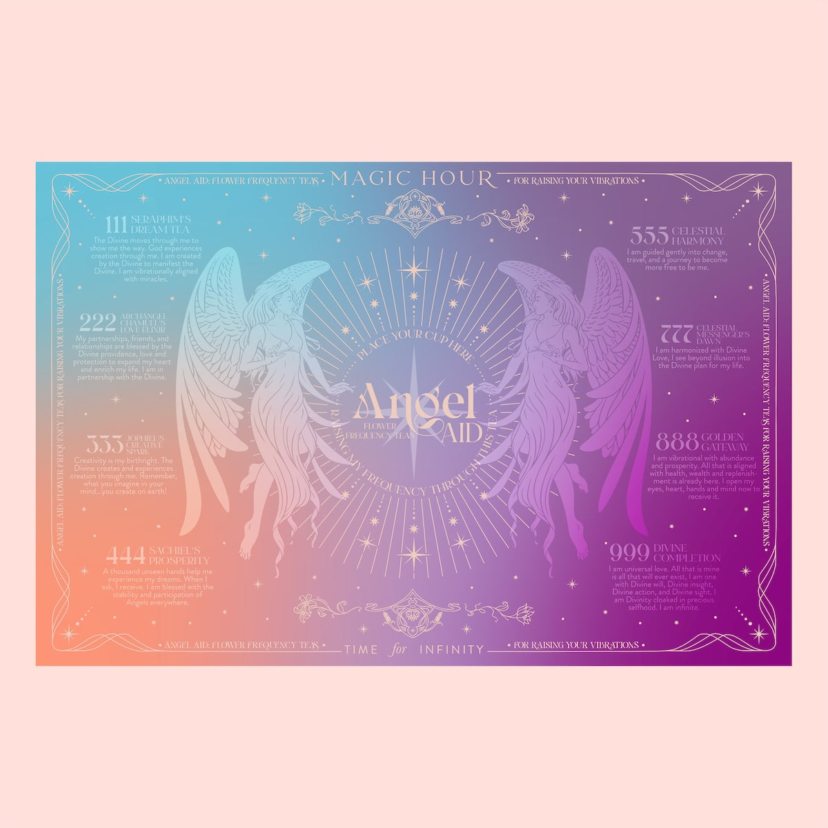 Radiant gradient poster featuring two mirrored angels at the center, surrounded by mystical symbols, numbers like 111 and 222, and text inspired by a calming tea ceremony. Created for the Beauty Inside &amp; Out Box.