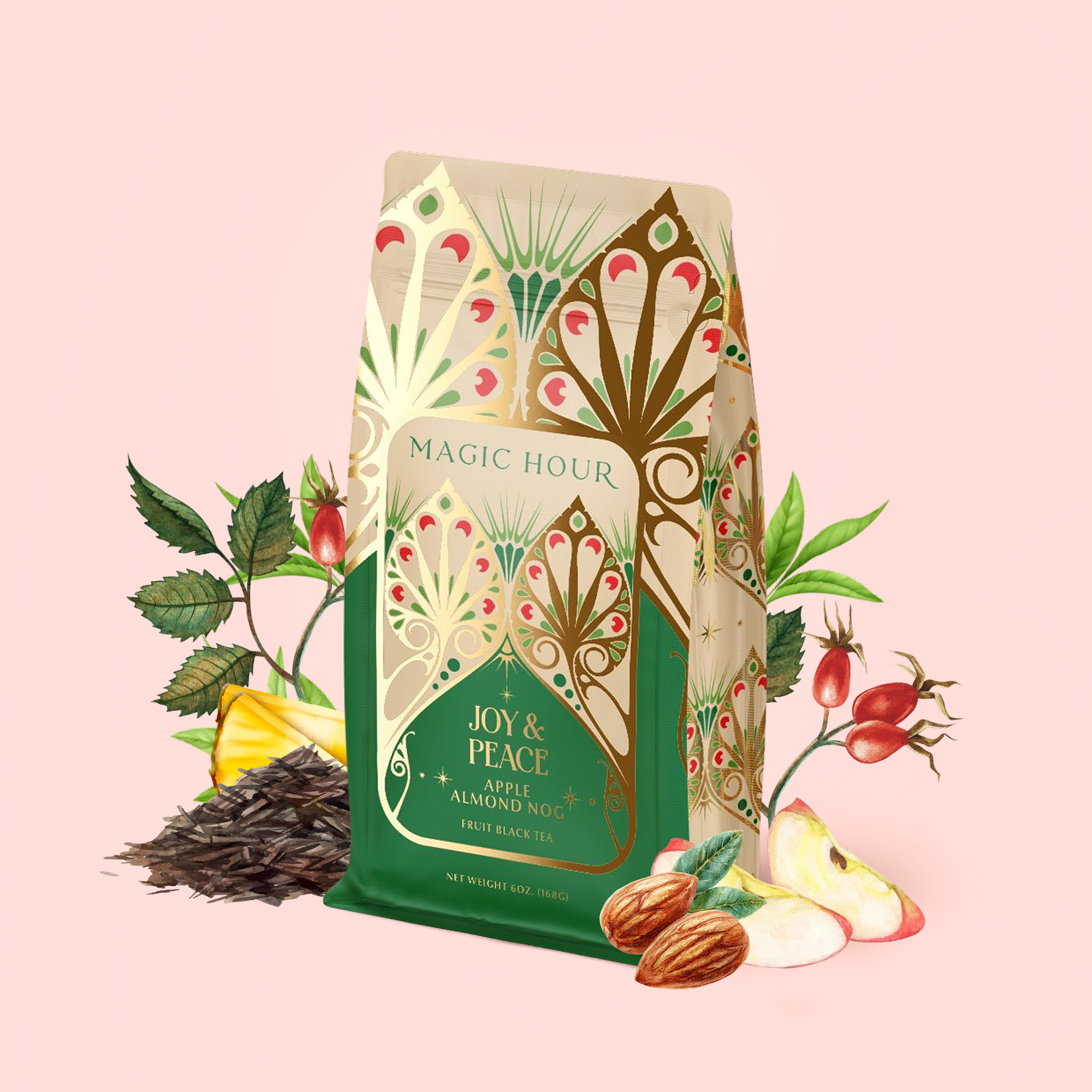 A decorative bag of Apple Almond Nog—a mood-boosting black tea and delightful eggnog alternative—is surrounded by tea leaves, apple slices, almonds, pineapple, and rose hips on a light pink background.