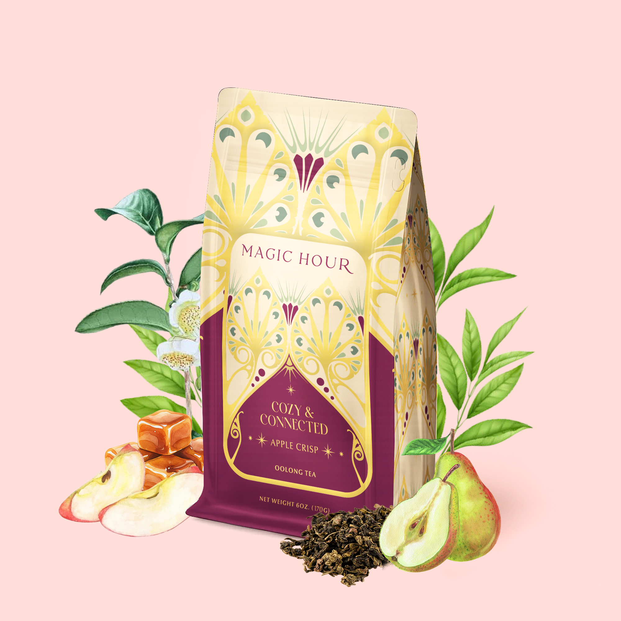 A decorative Apple Crisp Oolong: Cozy &amp; Connected tea bag—a delicious autumn tea—is surrounded by illustrated apples, pears, caramel, tea leaves, and green foliage on a pink background.