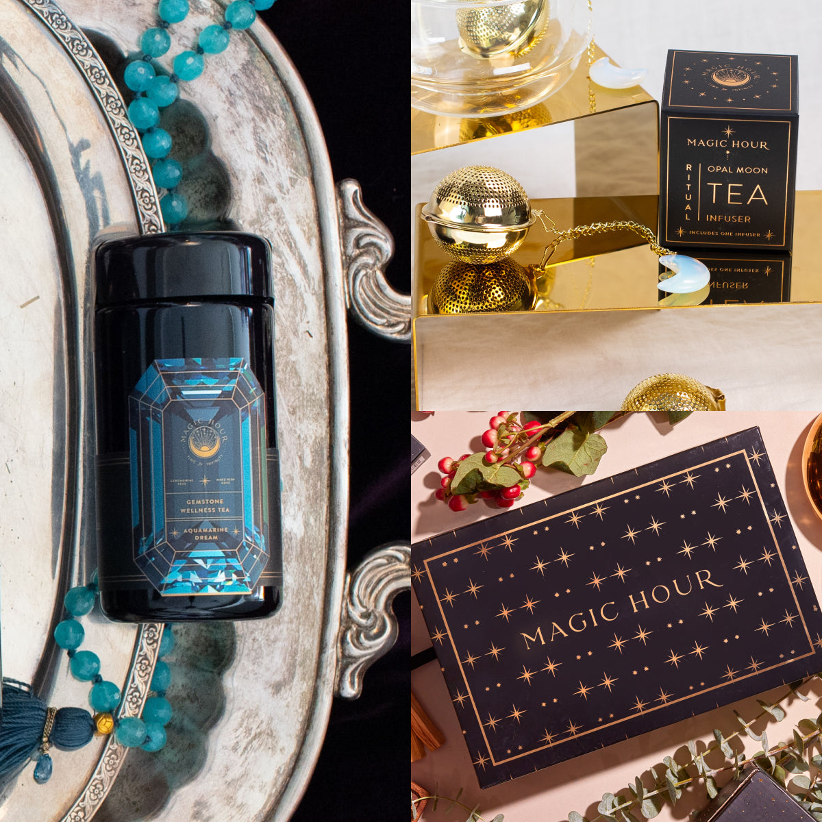 A collection of tea-themed items: On the left, a decorative tin of tea on a tray adorned with turquoise beads. At the top right, an Opalite Moon Tea Strainer sits next to a box labeled "Opal Moon Tea." The bottom right showcases a blue and gold box with the inscription "Magic Hour." The festive decor hints at an Aquamarine March Birthstone Mini Gift Set.