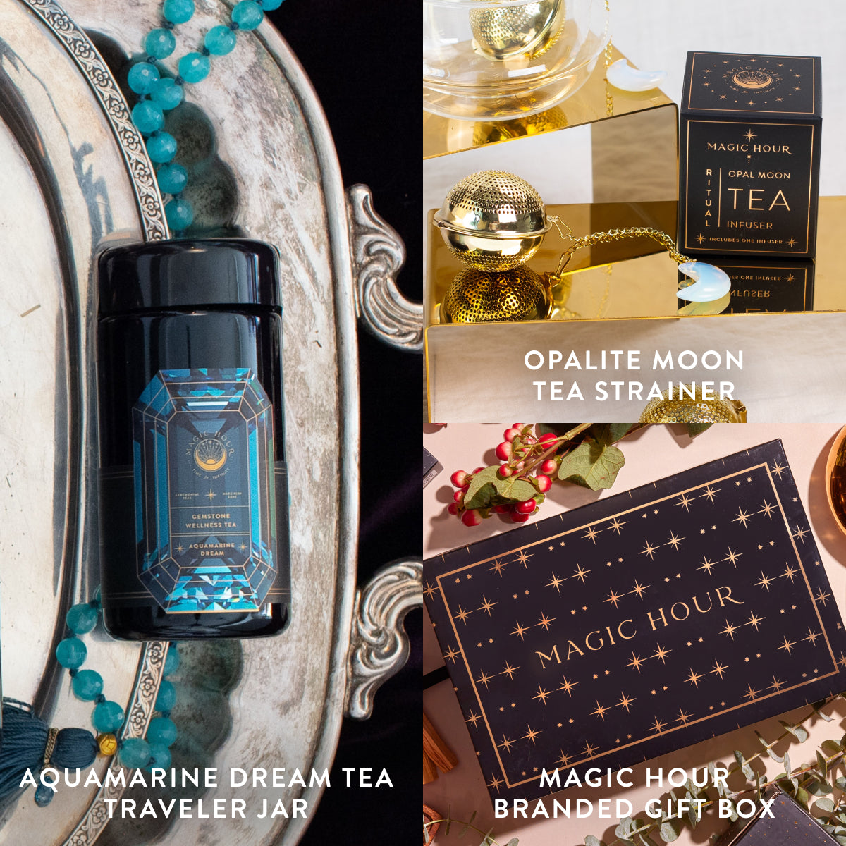 A collage of three images: an Aquamarine March Birthstone Mini Gift Set showcasing a blue tea jar on a silver tray with beads, an Opalite Moon Tea Strainer beside a box on a marble surface, and a branded gift box featuring a starry design placed on a table decorated for the festivities.