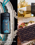 A collage of three images: an Aquamarine March Birthstone Mini Gift Set showcasing a blue tea jar on a silver tray with beads, an Opalite Moon Tea Strainer beside a box on a marble surface, and a branded gift box featuring a starry design placed on a table decorated for the festivities.