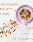 A top-down view of the Aquamarine Dream Herbal Adrenal Tea Refill Pouch- ARCHIVE blender, filled with fruits, herbs, and adaptogens, is surrounded by scattered ingredients. The image features text reading "Sweet Pineapple Fresh Apple Blueberry" and "Energy Calming Sleep Anti-Inflammatory." The blender rests on a sleek aquamarine surface.