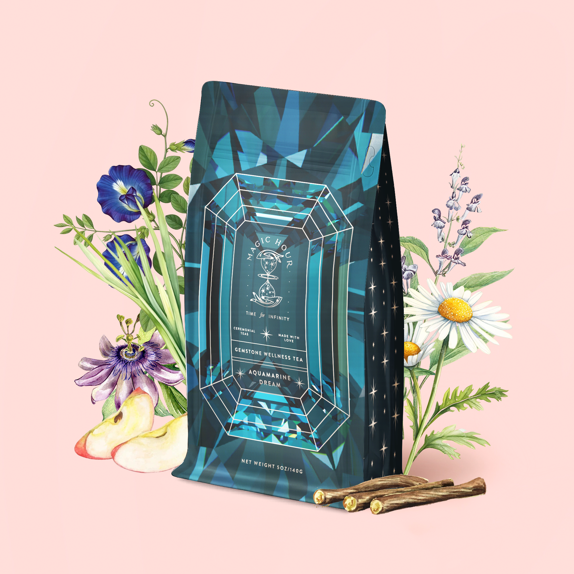 A jewel-toned tea package labeled "Aquamarine Dream - Soothing Herbal Ayurvedic Adrenal Tonic Refill Pouch" stands in front of illustrated flowers, apple slices, and licorice roots, all set against a pale pink background. The gem-like blue design is inspired by the calming aquamarine tea inside—a soothing herbal blend crafted to ease the senses.