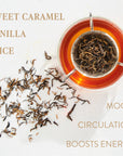 A glass of tea with tea leaves in an infuser cup on a white surface. Loose tea leaves are scattered beside the glass. Text reads: "Sweet Caramel, Vanilla, Spice" on the left and "Mood, Circulation, Boosts Energy" on the right in a light brown font. Enjoy with Aquarius: Visionary Goddess Tea Sampler Pouch for added luxury.