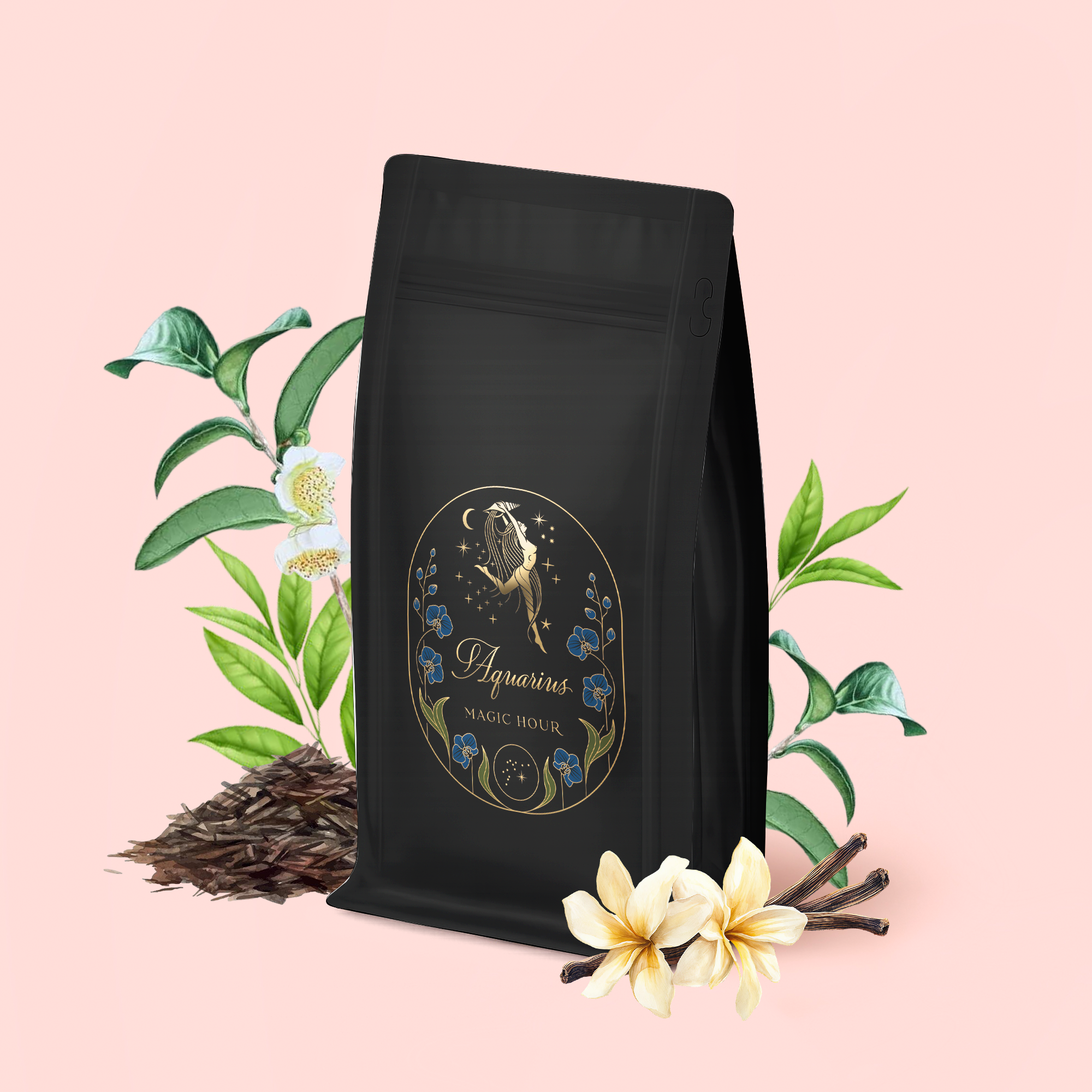 A package of "Aquarius: Visionary Goddess Tea" featuring celestial artwork is surrounded by tea leaves, white blossoms, green leaves, and vanilla flowers, hinting at an enchanting vanilla black tea blend from Yunnan, all set against a light pink background.