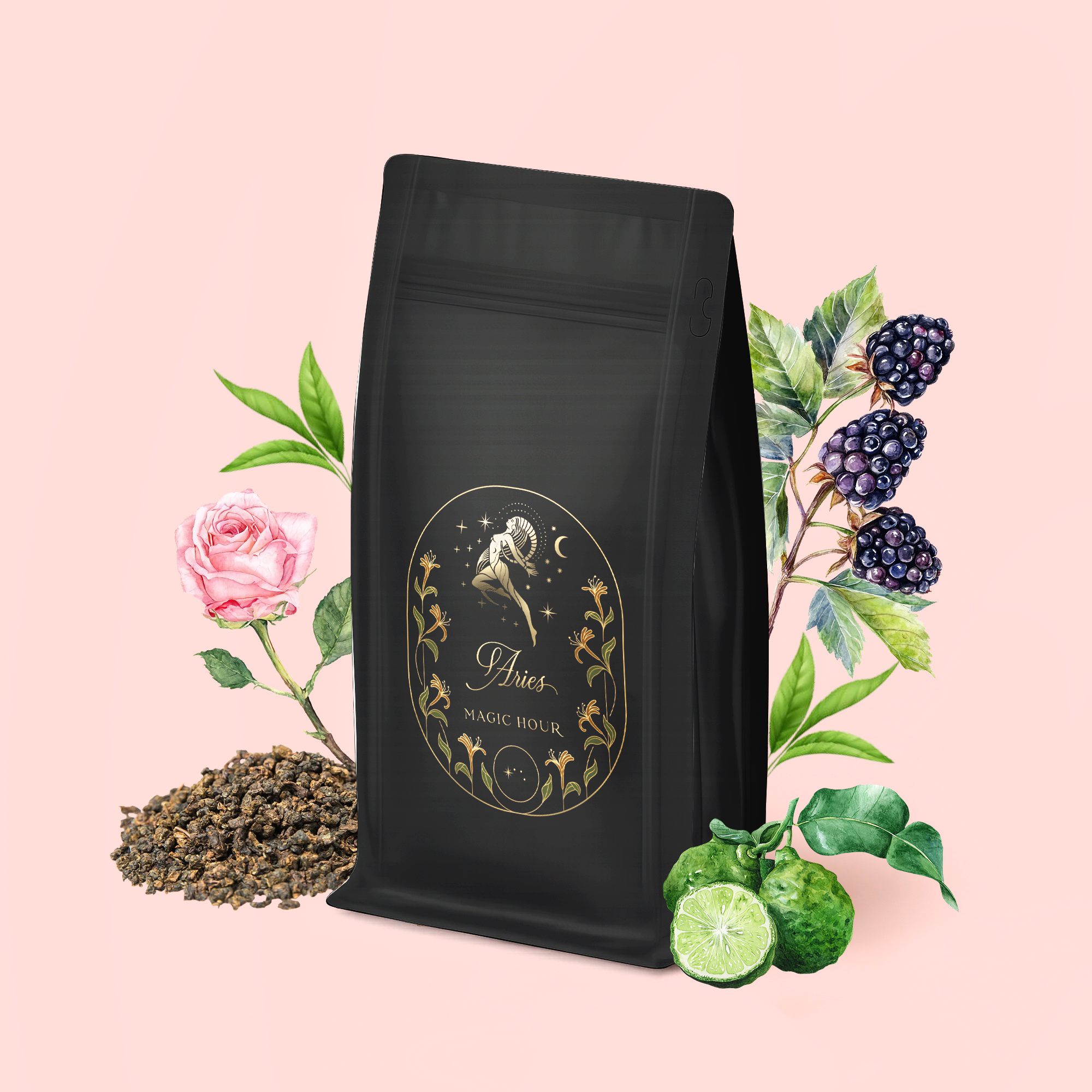 A black bag of tea labeled "Aries - Garden of Eden Oolong" sits among loose tea leaves, a pink rose, blackberries on a branch, and two green bergamot fruits against a light pink background—a dreamy scene for this oolong blend.