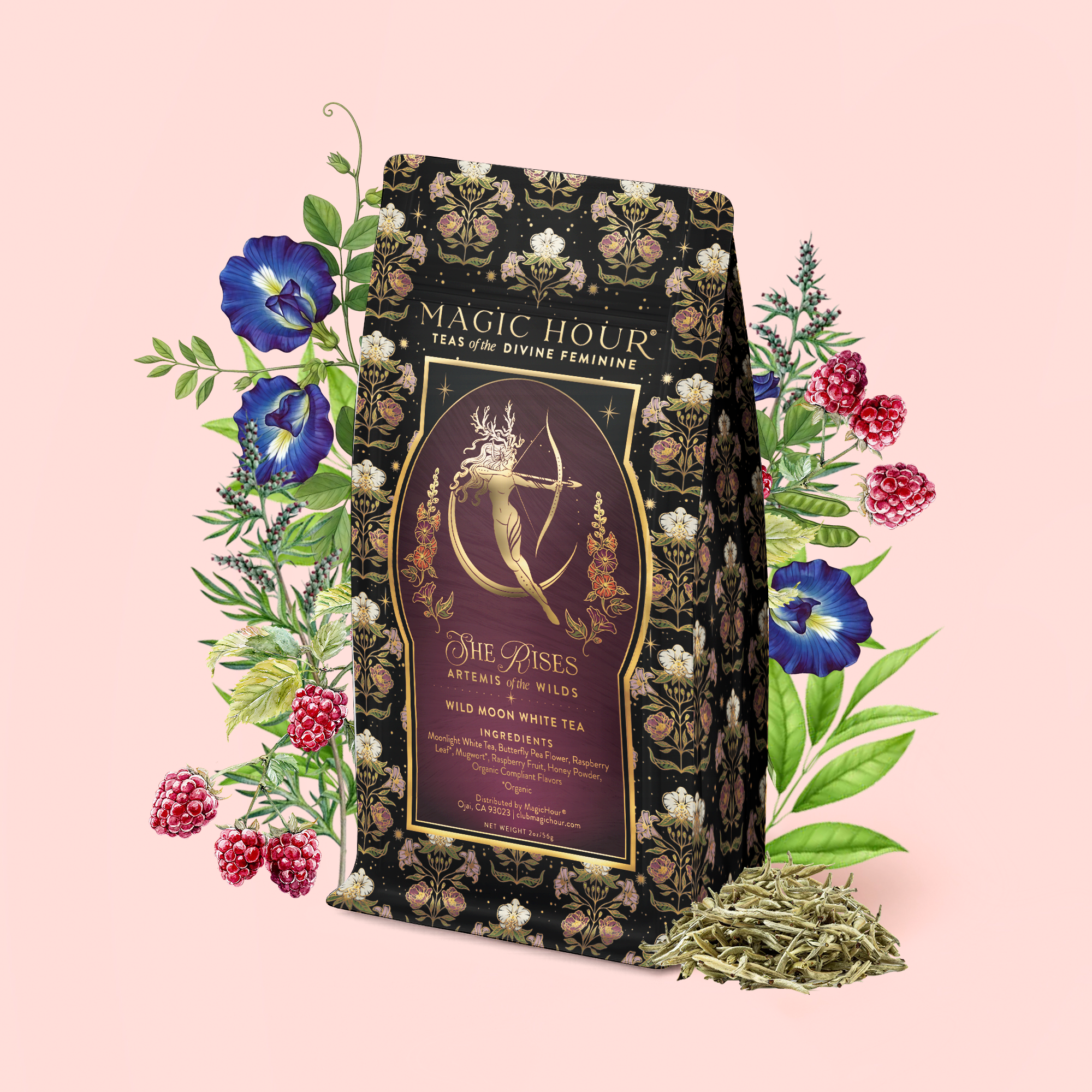 A floral-decorated tea package labeled "Monthly Magic Tea Journey Subscription," surrounded by illustrated flowers, raspberries, and loose tea leaves, invites you to a ceremonial journey with goddess tea on a pastel pink background.