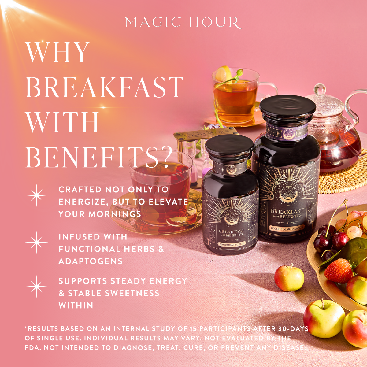 Bottles and a jar of Mood Balance: Breakfast with Benefits herbal tea are displayed on a table with a teapot, tea cup, and honey dipper. Text highlights the energizing, functional herbs like Ashwagandha root for energy support.