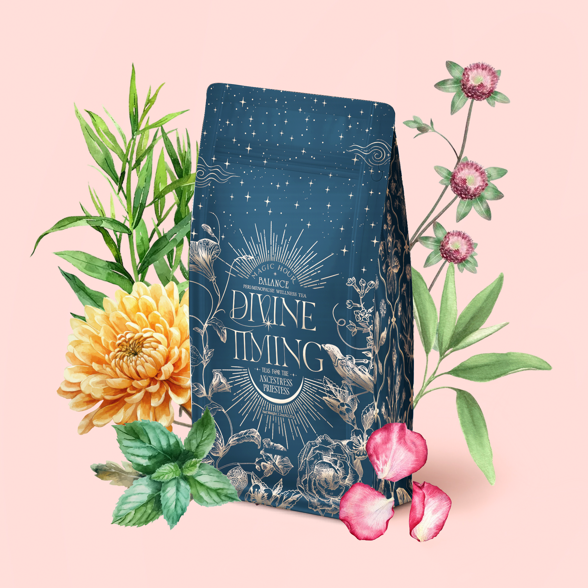 A blue floral coffee bag labeled "Divine Timing Balance" sits among green leaves, a yellow chrysanthemum, pink petals, mint herbs, and purple thistles—creating a balanced blend for women on a soft pink background.