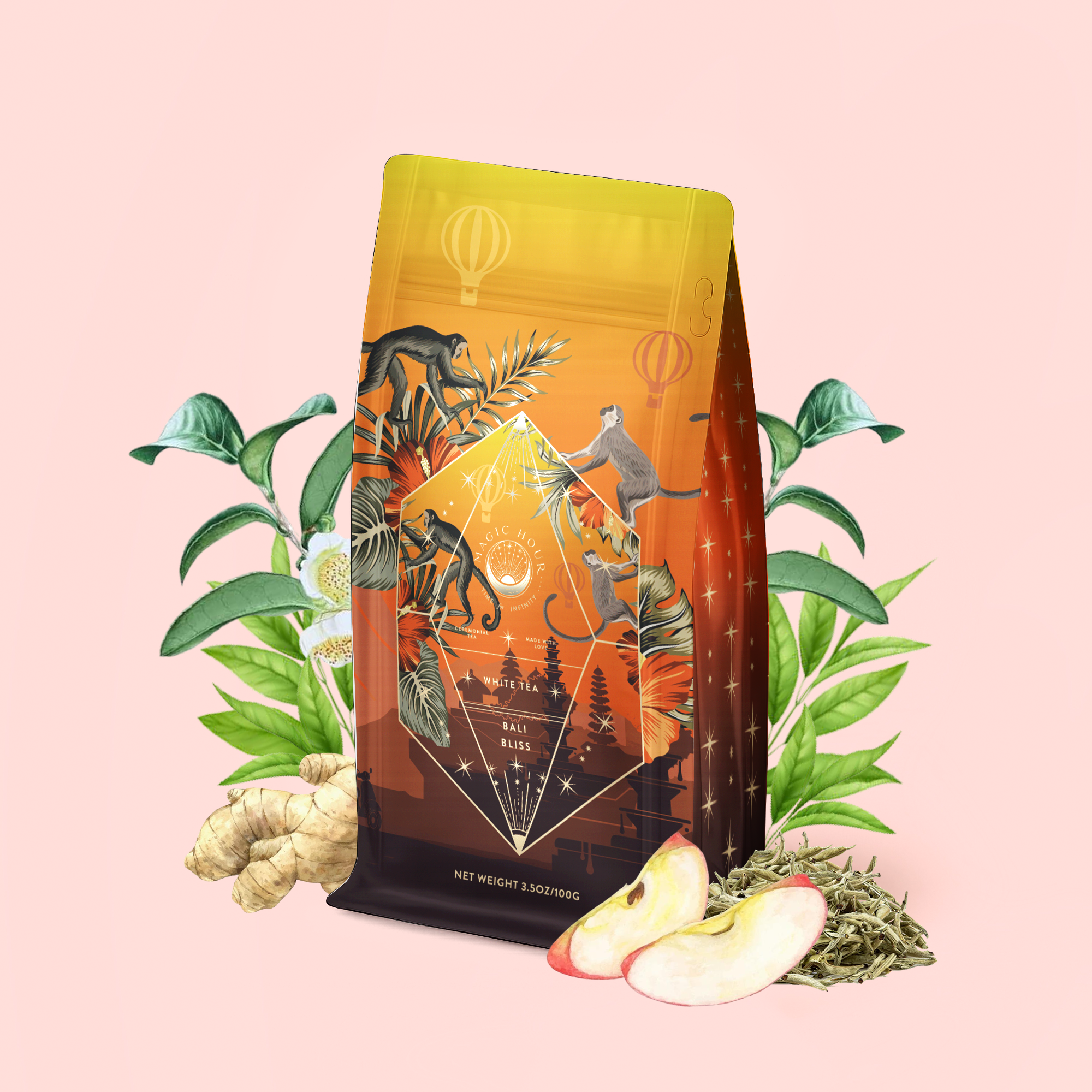 A vibrant Bali Bliss: Coconut-Lime &amp; Ginger-Melon White Tea package featuring jungle animals, a figure, and a golden sunset design, surrounded by ginger, apple slices, green leaves, and botanical elements on a light pink background. This captivating display perfectly captures the essence of this tropical white tea blend and highlights its refreshing anti-inflammatory allure.
