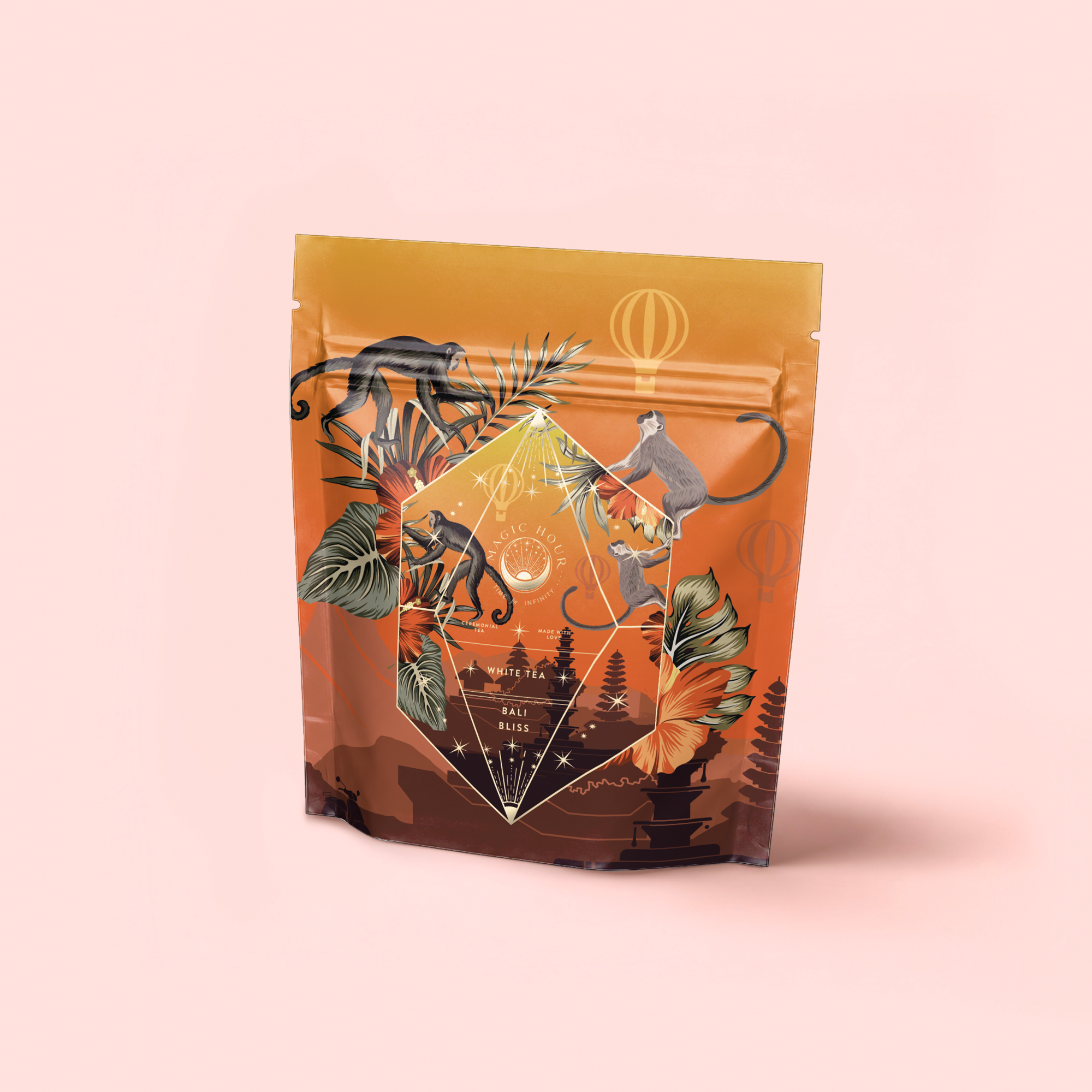 A standing resealable coffee bag with an orange and brown gradient, illustrated monkeys, leaves, and geometric shapes on a pink background. The text reads "Bali Bliss: Coconut-Lime & Ginger-Melon White Tea," inspired by vibrant Bali tea traditions.