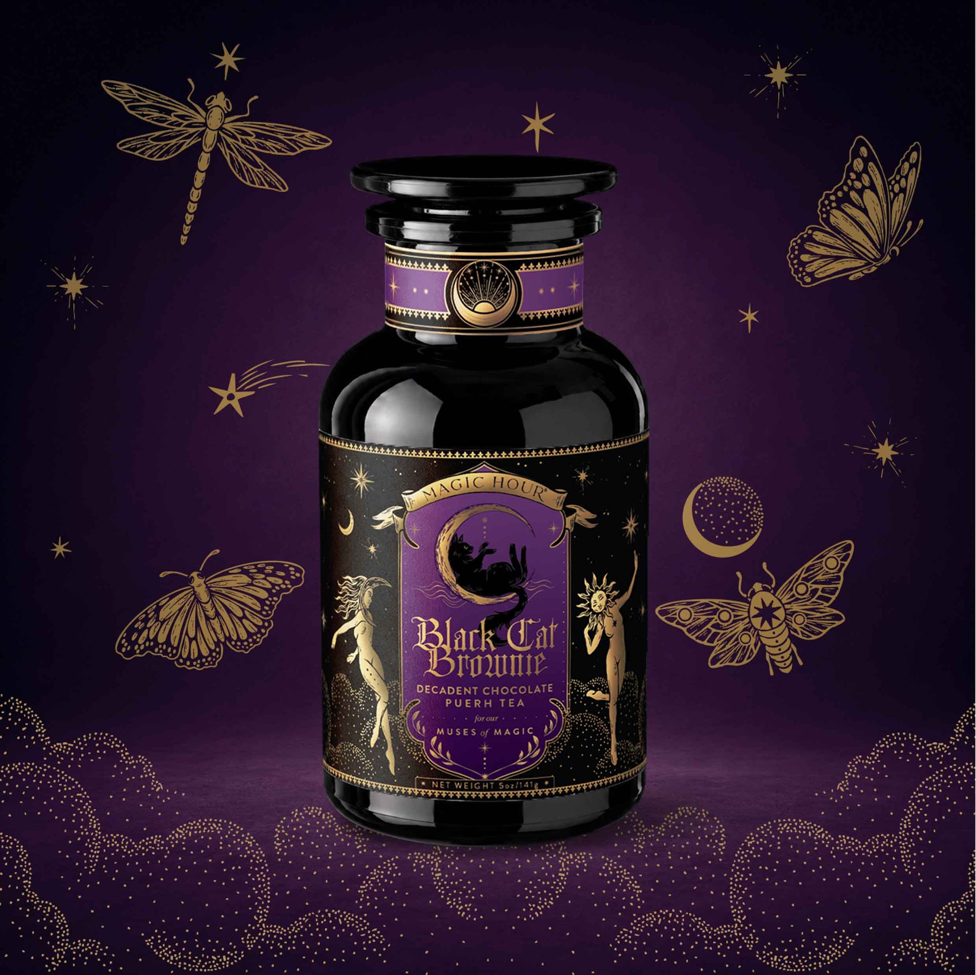 A dark glass jar labeled “Black Cat Brownie: Decadent Chocolate Puerh Blend with Vanilla & Hazelnut” sits on a purple background decorated with gold illustrations of moths, a dragonfly, stars, and clouds. This luxurious blend combines rich chocolate notes with smooth organic Pu-erh tea, complemented by hints of vanilla and hazelnut for an indulgent treat.