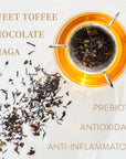 Overhead view of a glass teapot filled with brewed tea, surrounded by tea leaves scattered on a white surface. The words "BLACK ONYX - CHAGA MACA TOFFEE HERBAL TEA" and "CAFFEINE-FREE, PREBIOTIC, ANTIOXIDANT, ANTI-INFLAMMATORY" are written around the image, highlighting the healing blend's benefits.