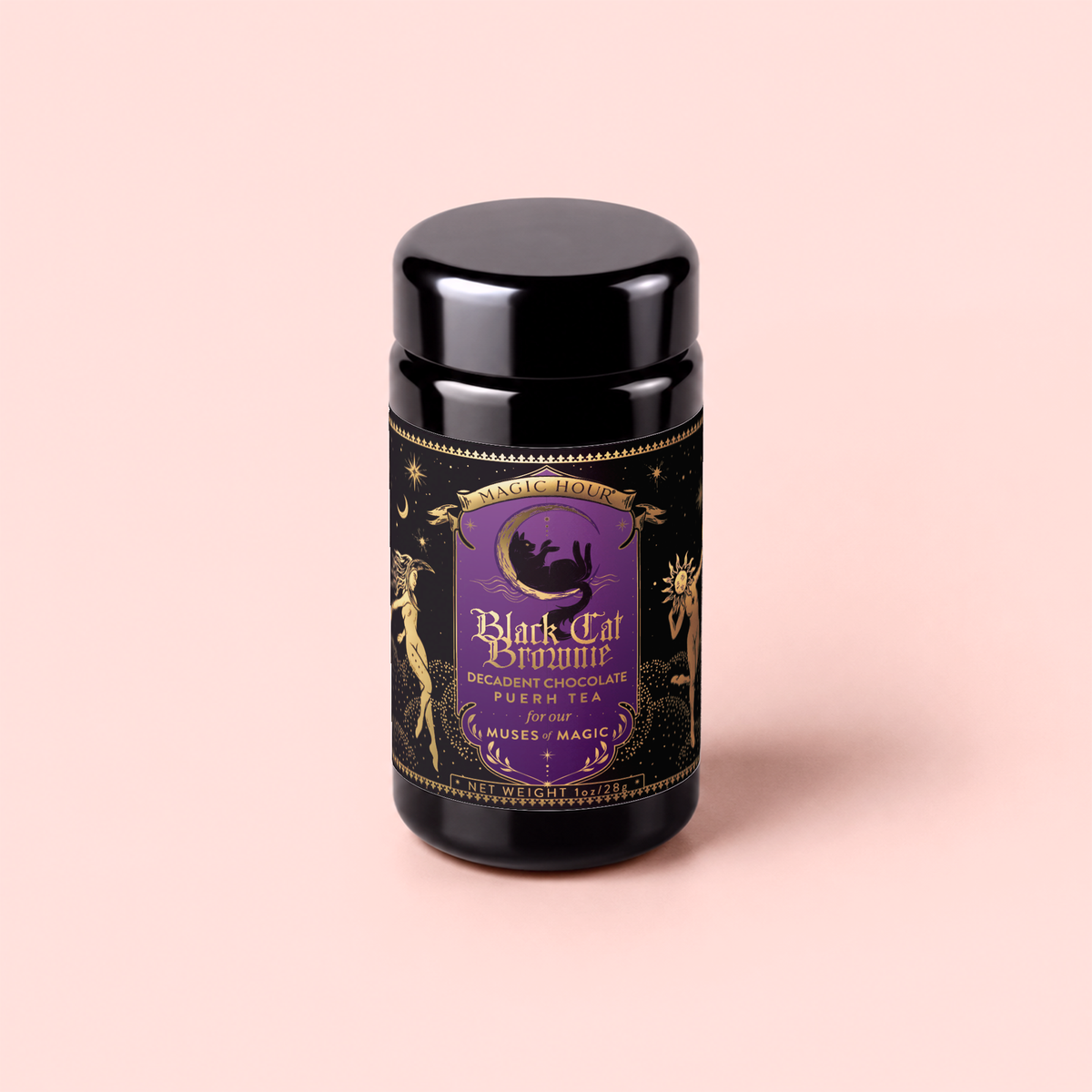 A tea canister labeled “Black Cat Brownie: Decadent Chocolate Puerh Blend with Vanilla &amp; Hazelnut” features a mystical purple and gold design with a black cat, crescent moon, and ornate decorations set against a light pink background. Inspired by the luxurious flavors of chocolate puerh blended with vanilla and hazelnut, this canister promises an enchanting brew as captivating as its appearance.