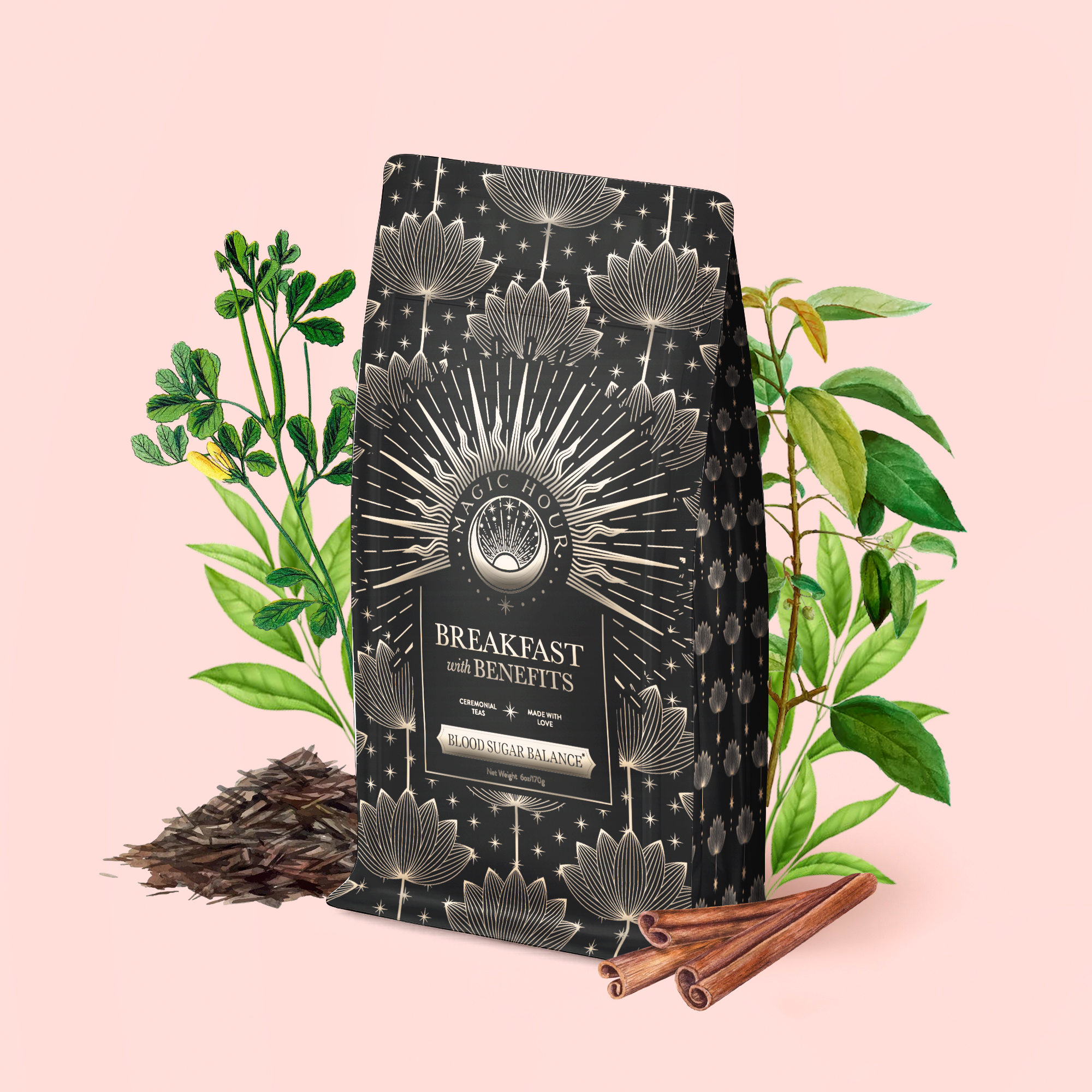 A decorative bag labeled "Blood Sugar Balance: Breakfast with Benefits" stands surrounded by aromatic herbs, Assam black tea leaves, and fragrant cinnamon sticks on a light pink background.