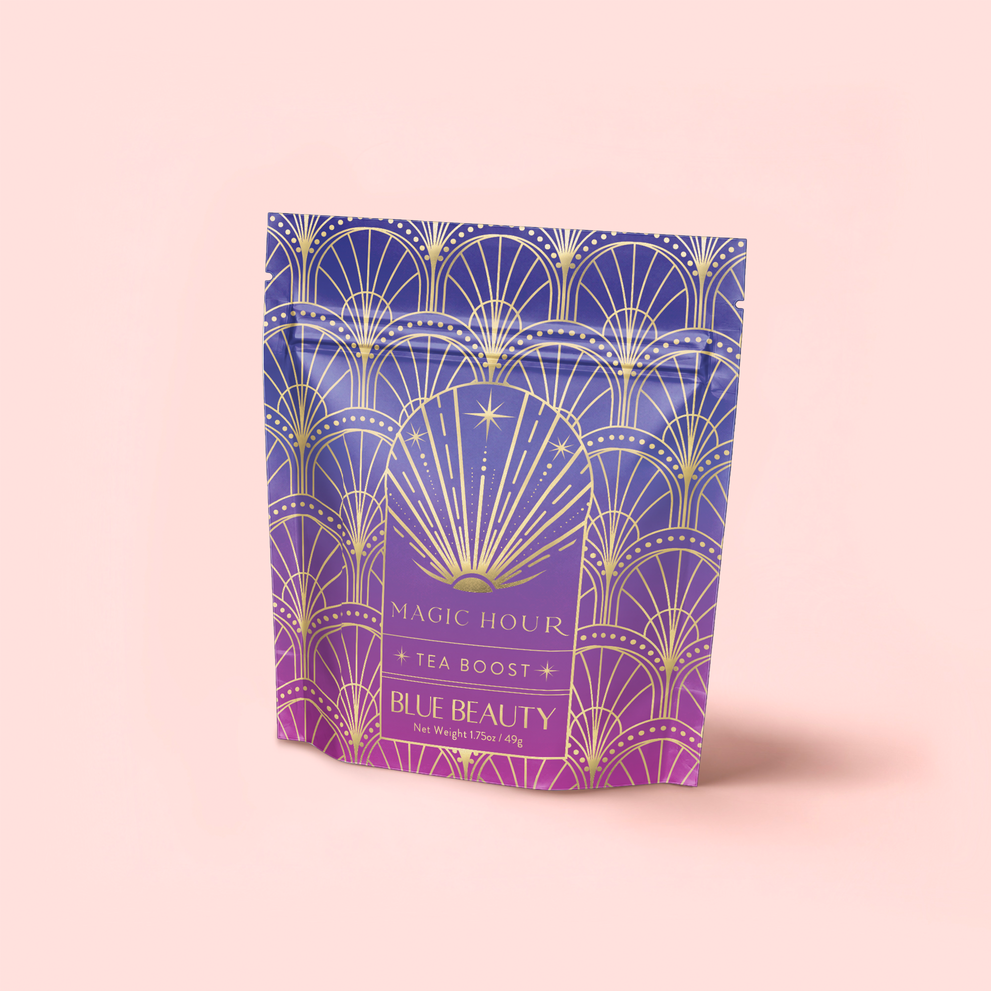 A stand-up pouch of Blue Beauty: Butterfly Pea Flower Powder Boost features a purple-to-pink gradient, gold art deco patterns, starburst design, and elegant text—perfect for supporting collagen production.