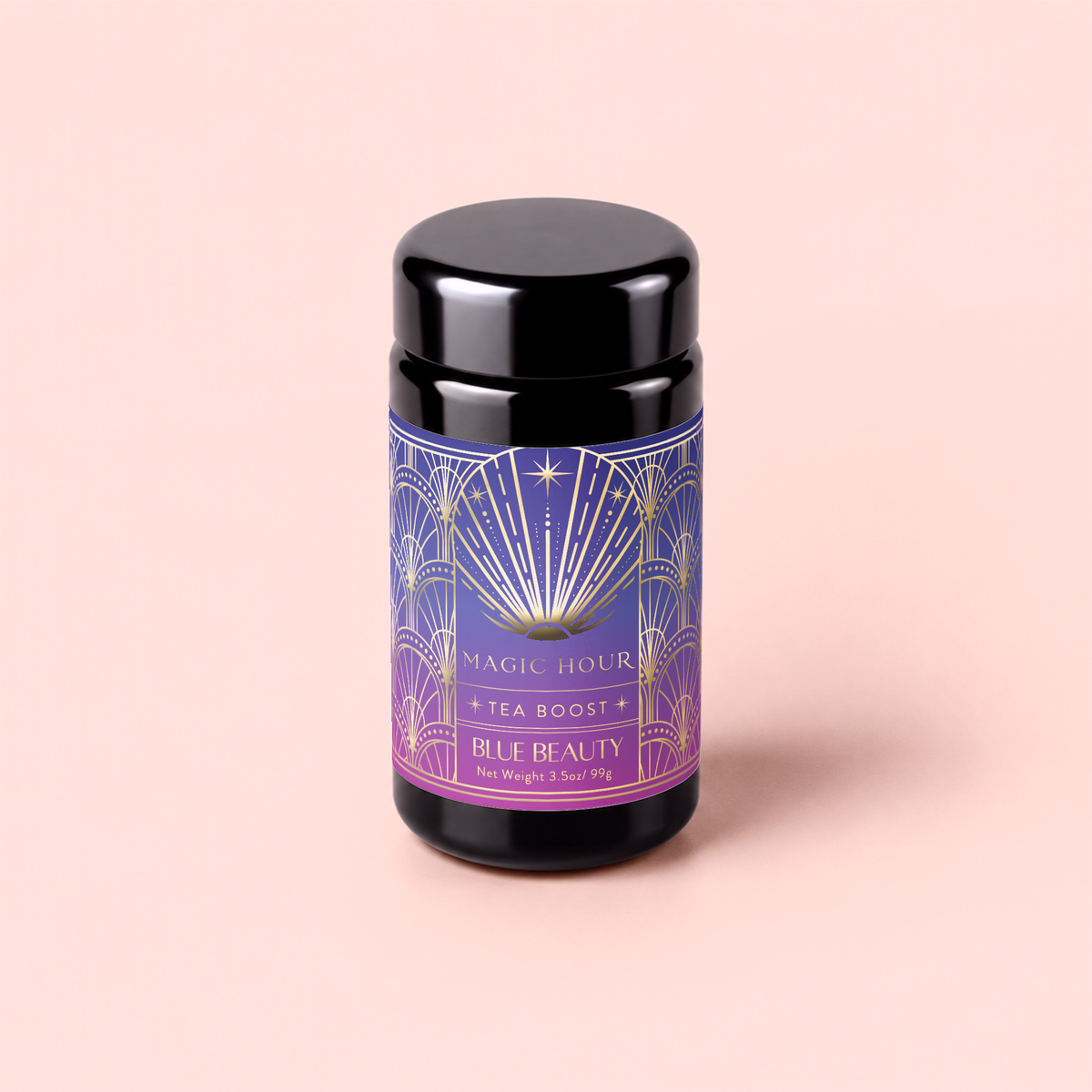 A black jar labeled “Blue Beauty: Butterfly Pea Flower Powder Boost,” featuring a decorative blue and gold art deco design, is set against a light pink background and showcases the beauty-boosting benefits of butterfly pea flower powder, renowned for supporting collagen production.
